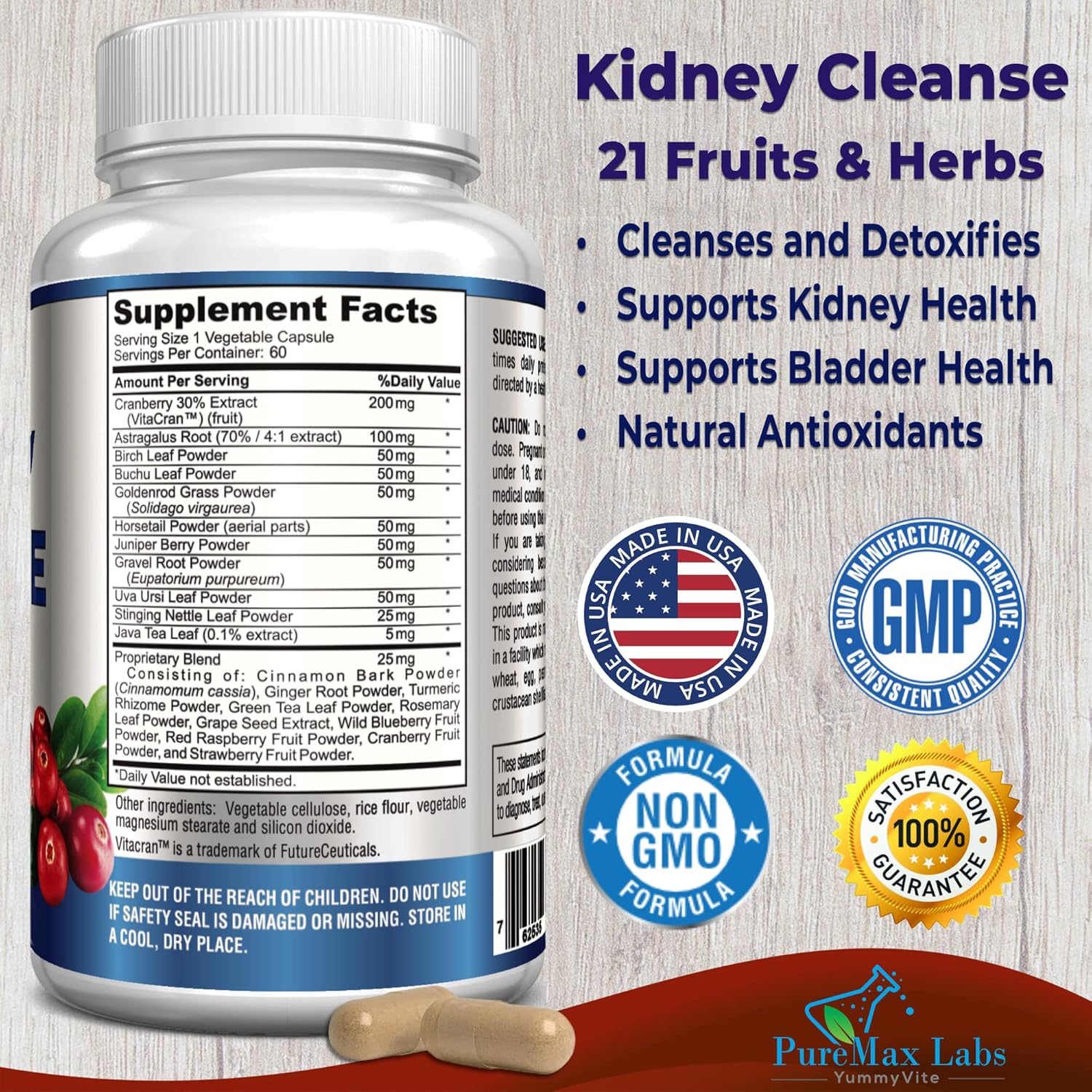 Herbal Kidney Cleanse with Cranberry Extract, Astralagus - 21 Fruits & Herbs - Detox & Cleanse Urinary Tract & Bladder Health, Kidney Support, 60 Vegan Capsules