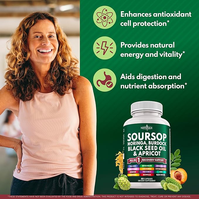 Soursop Supplement - Moringa, Sea Moss, Black Seed Oil, Berberine, Turmeric, Apricot, Quercetin, Greens, Bitters, Boswellia, Bitter Melon, Burdock Root - 60 Capsules