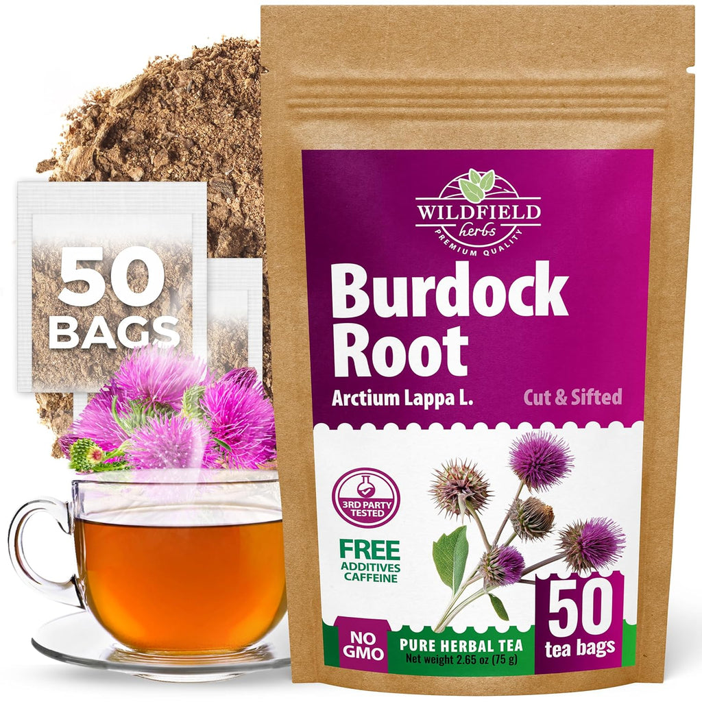 Wildfield Herbs 50 Bags Burdock Root Tea Herb Dried Burdock Root Tea Herb (Arctium Lappa Root) - 50 Count 1.5g Bags Bardana