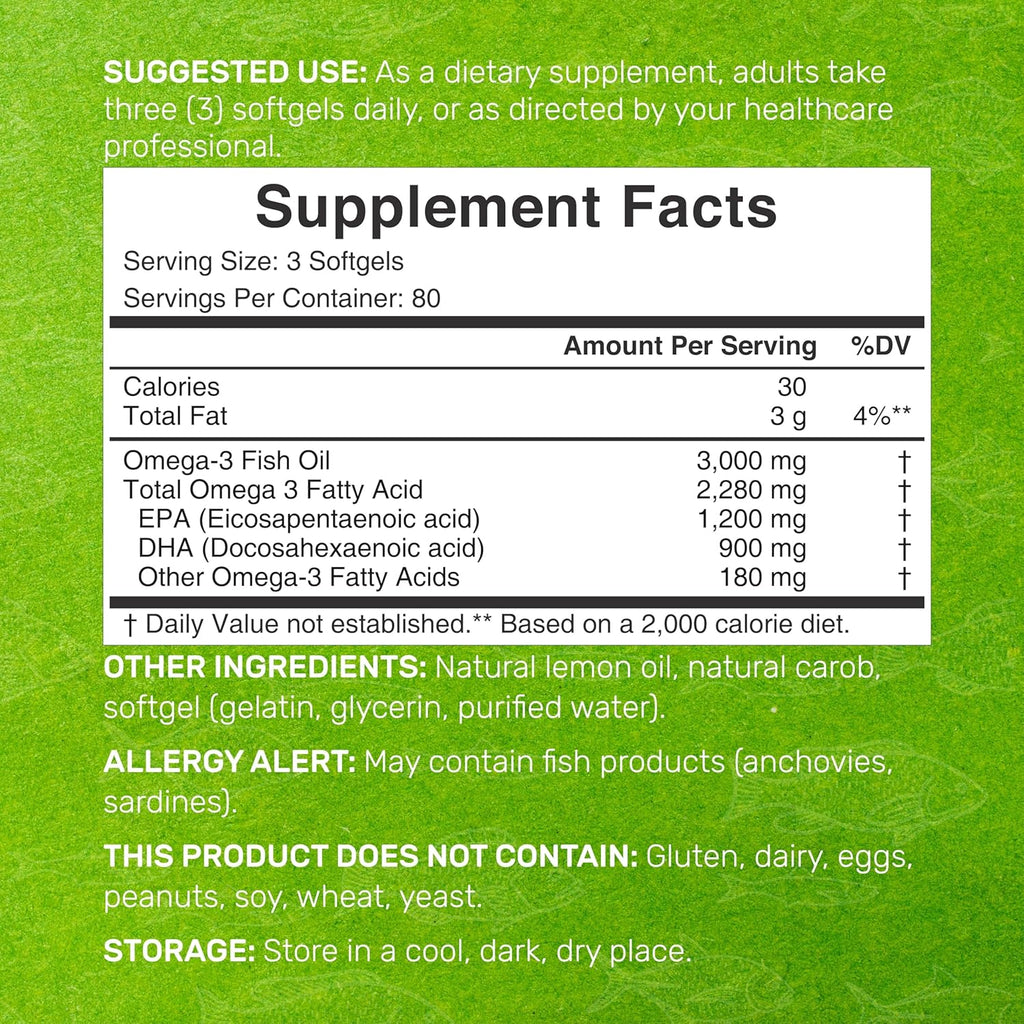 DEAL SUPPLEMENT Omega 3 Fish Oil Supplements, 3,000mg Per Serving, 240 Softgels – EPA 1,200mg + DHA 900mg – Burpless Pills, Lemon Flavored, Wild Caught – Brain & Heart Support – Mercury Free, Non-GMO