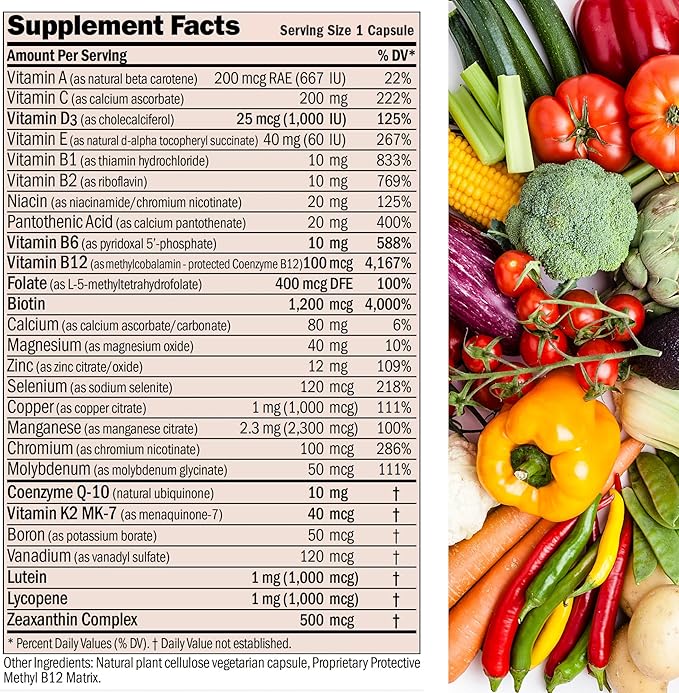 ANDREW LESSMAN Essential-1 nuonce max Multivitamin 1000 IU Vitamin D3 360 Small Capsules. 100 mcg Methyl B12. CoQ10 Lutein Lycopene Zeaxanthin. High Potency. No Additives. Ultra-Mild One Daily Capsule