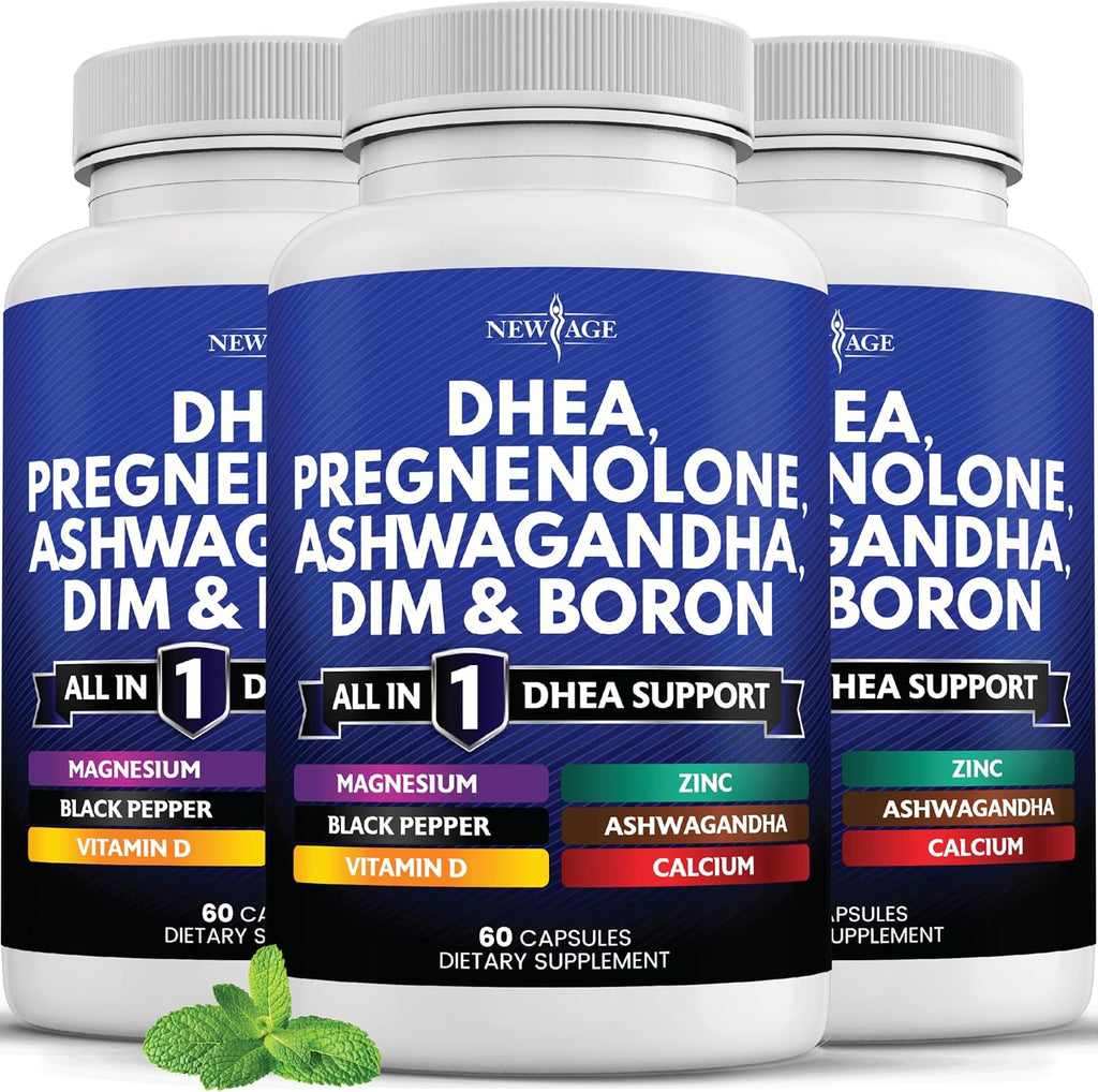 NEW AGE DHEA Supplement - Pregnenolone for Men & Women with DIM, Ashwagandha, Boron, Calcium, Magnesium, Zinc, Vitamin D3 5000iu - Support Capsules - 180 Count