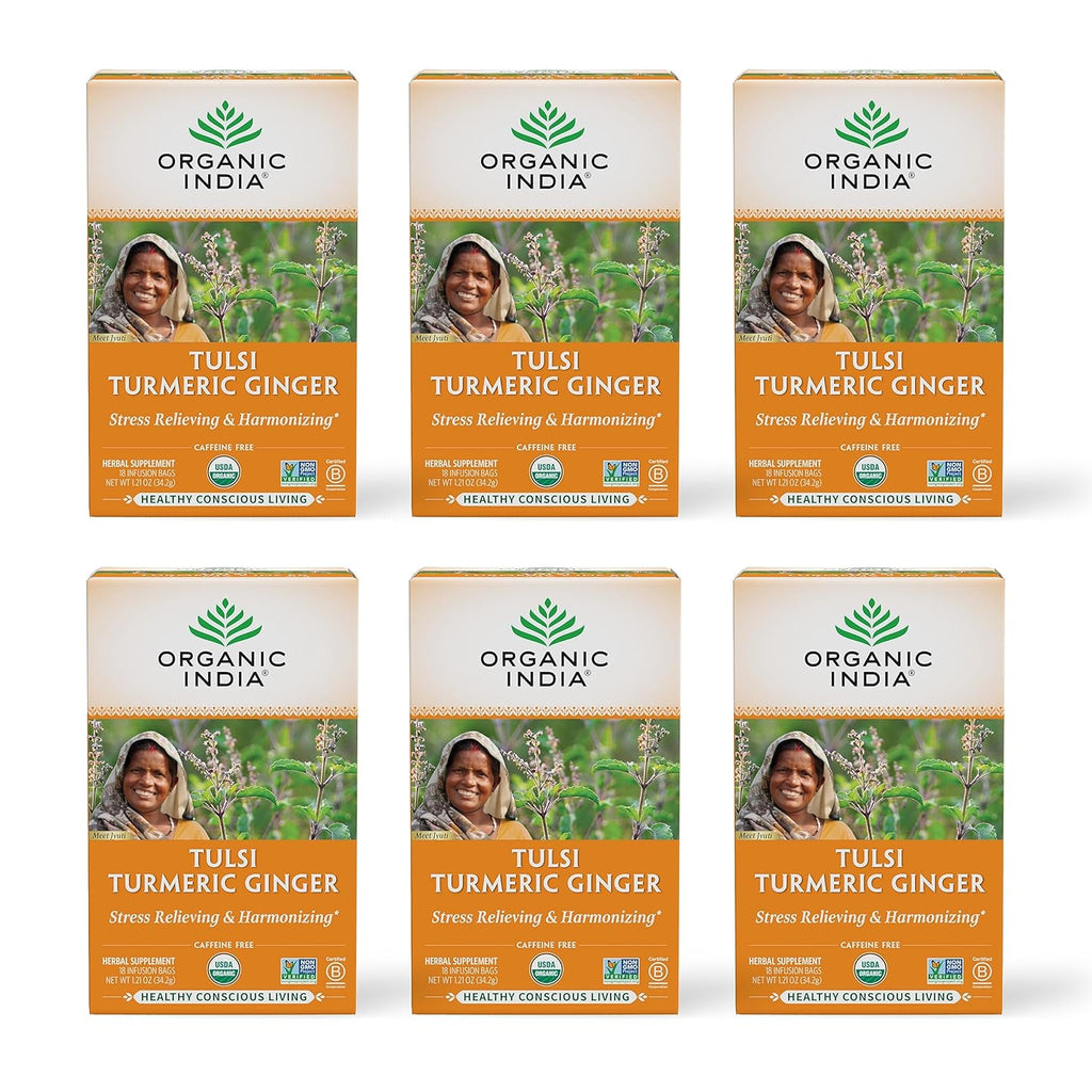 ORGANIC INDIA Tulsi Turmeric Ginger Herbal Tea - Stress Relieving & Harmonizing, Immune Support, Aids Digestion, Vegan, Caffeine-Free - 18 Infusion Bags, 6 Pack
