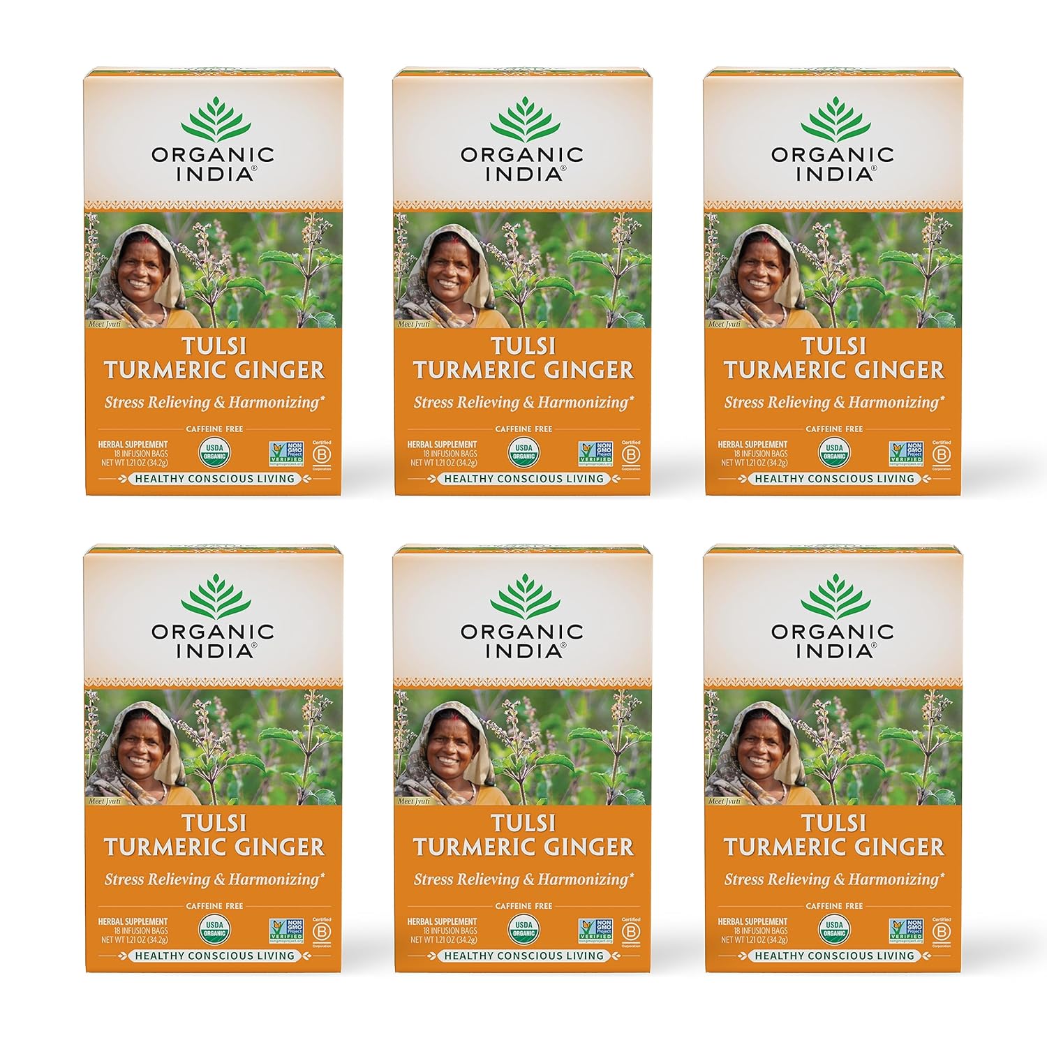 ORGANIC INDIA Tulsi Turmeric Ginger Herbal Tea - Stress Relieving & Harmonizing, Immune Support, Aids Digestion, Vegan, Caffeine-Free - 18 Infusion Bags, 6 Pack