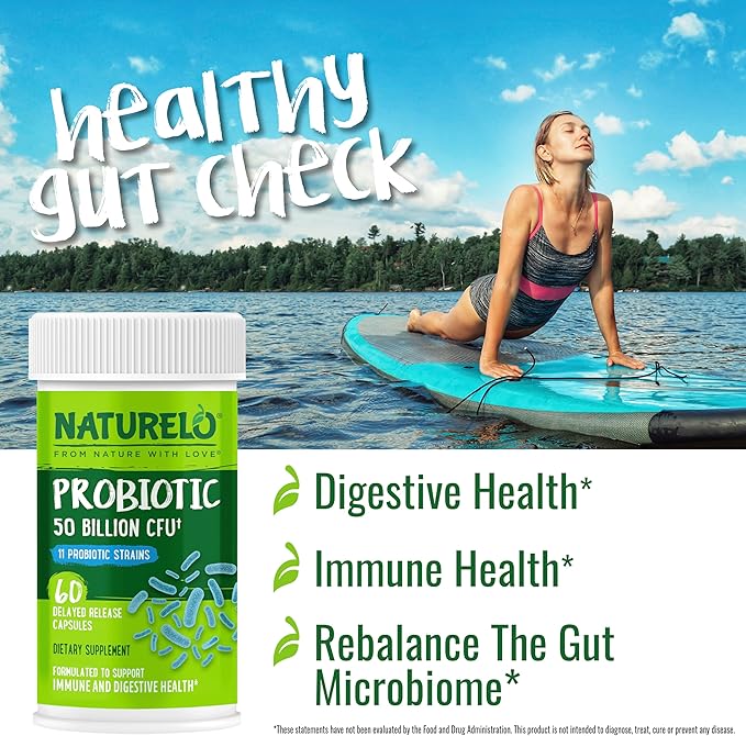 NATURELO Probiotics for Digestive Health - 50 Billion CFU, 11 Strains, Daily Use Supplement - Boosts Immune System, Delayed Release, No-Fridge, 60 Vegetarian Capsules (Pack of 2)
