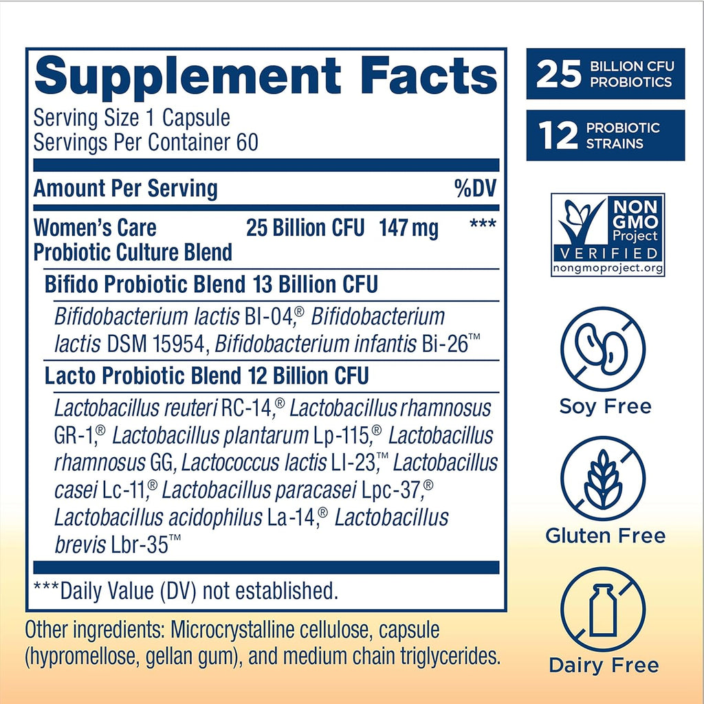 Renew Life Women's Probiotic Capsules, Supports pH Balance for Women, Vaginal, Urinary, Digestive and Immune Health, L. Rhamnosus GG, Dairy, Soy and Gluten-Free, 25 Billion CFU - 60 Ct