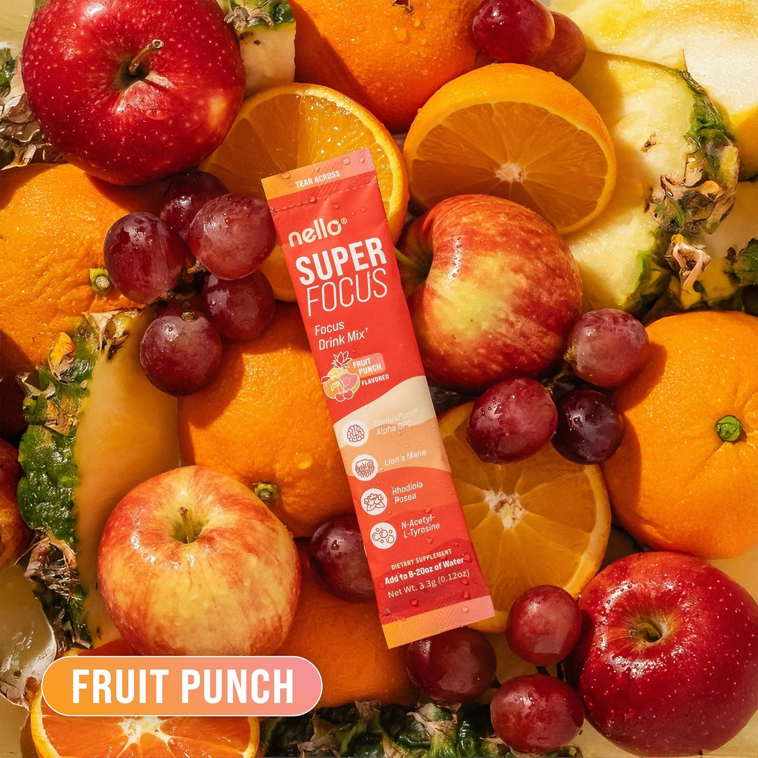 Nello SuperFocus Focus Drink Mix – Fruit Punch Flavor – Alpha GPC, Lion’s Mane, Rhodiola & N-Acetyl L-Tyrosine – Sugar-Free, On-The-Go Packets – 20 Servings