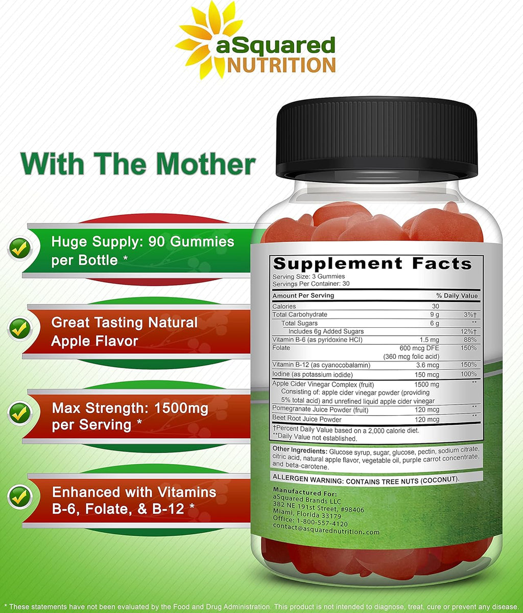 aSquared Nutrition Apple Cider Vinegar Gummies - 1500mg with The Mother - 90 ACV Gummies w/Vitamin B6 & B12, Folic Acid - Vegan Gummy Supplement Alternative to Capsules Pills & Drink
