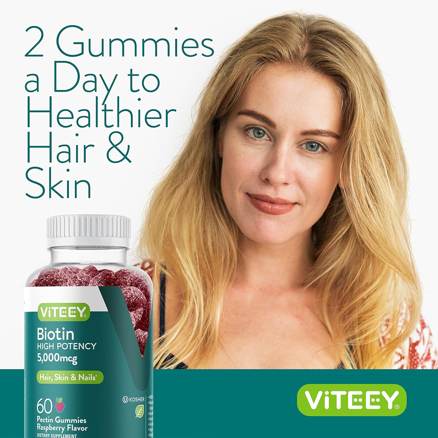 Viteey Biotin Gummies for Hair Skin and Nails - Biotin for Hair Growth Gummies - 5000 mcg - Vegan, Gluten-Free, Non-GMO – 60 Count
