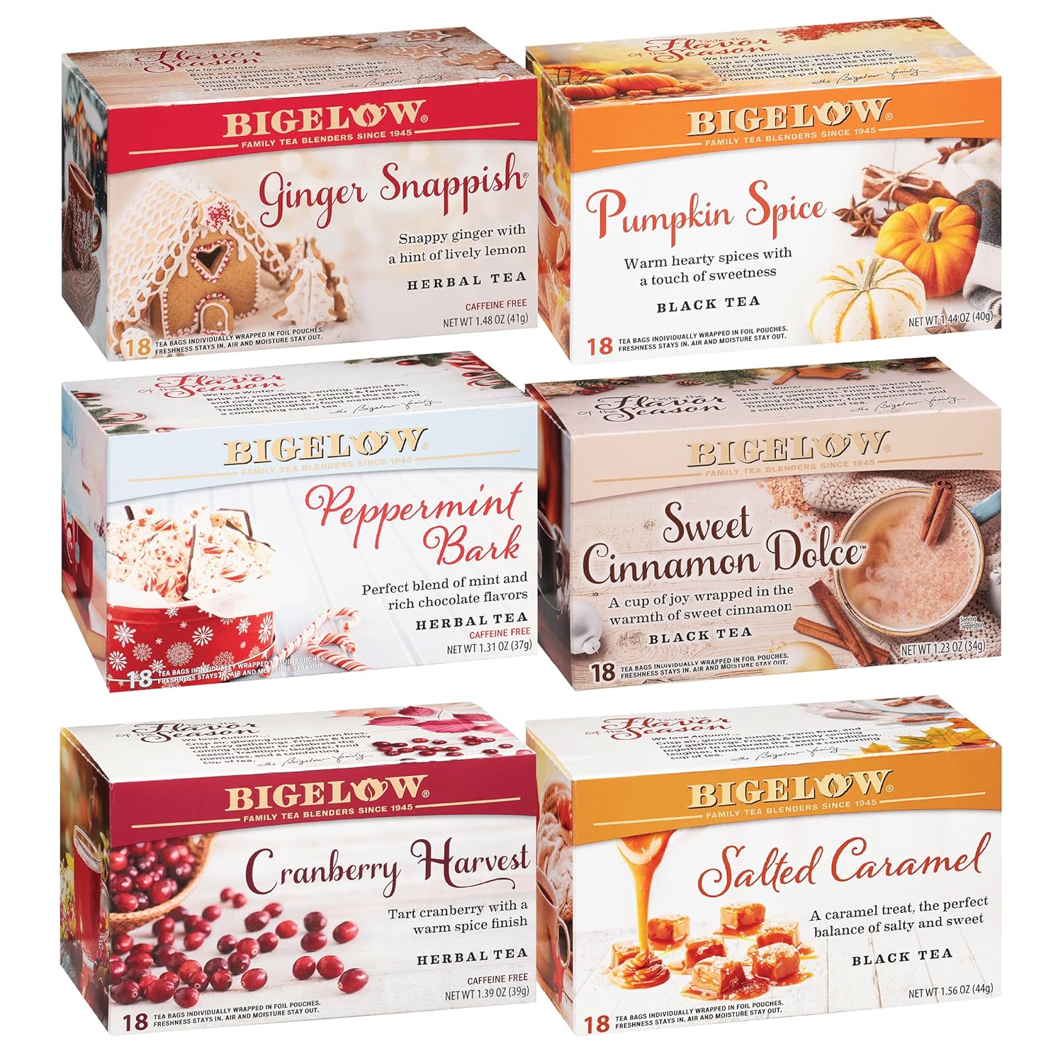 Bigelow Tea Seasonal Tea 6 Flavor Variety Pack, Mixed Caffeinated and Caffeine Free, 18 Count Pack of 6, 108 Total Tea Bags (Flavors May Vary)
