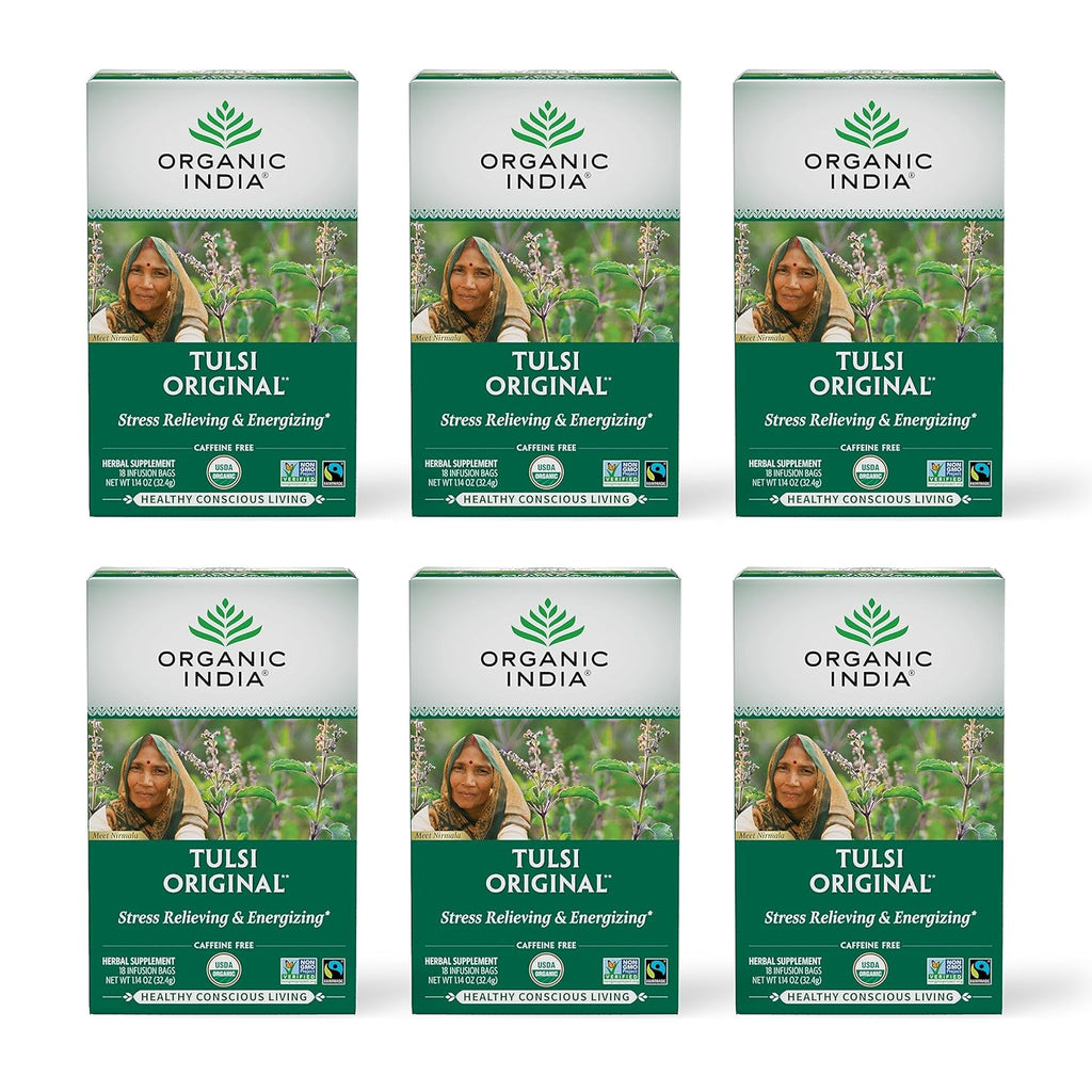 ORGANIC INDIA Tulsi Original Herbal Tea - Holy Basil and African Basil Calming and Stress Relief Tea, Immune Support, USDA Certified Organic, Non-GMO, Caffeine-Free - 18 Infusion Bags, 6 Pack