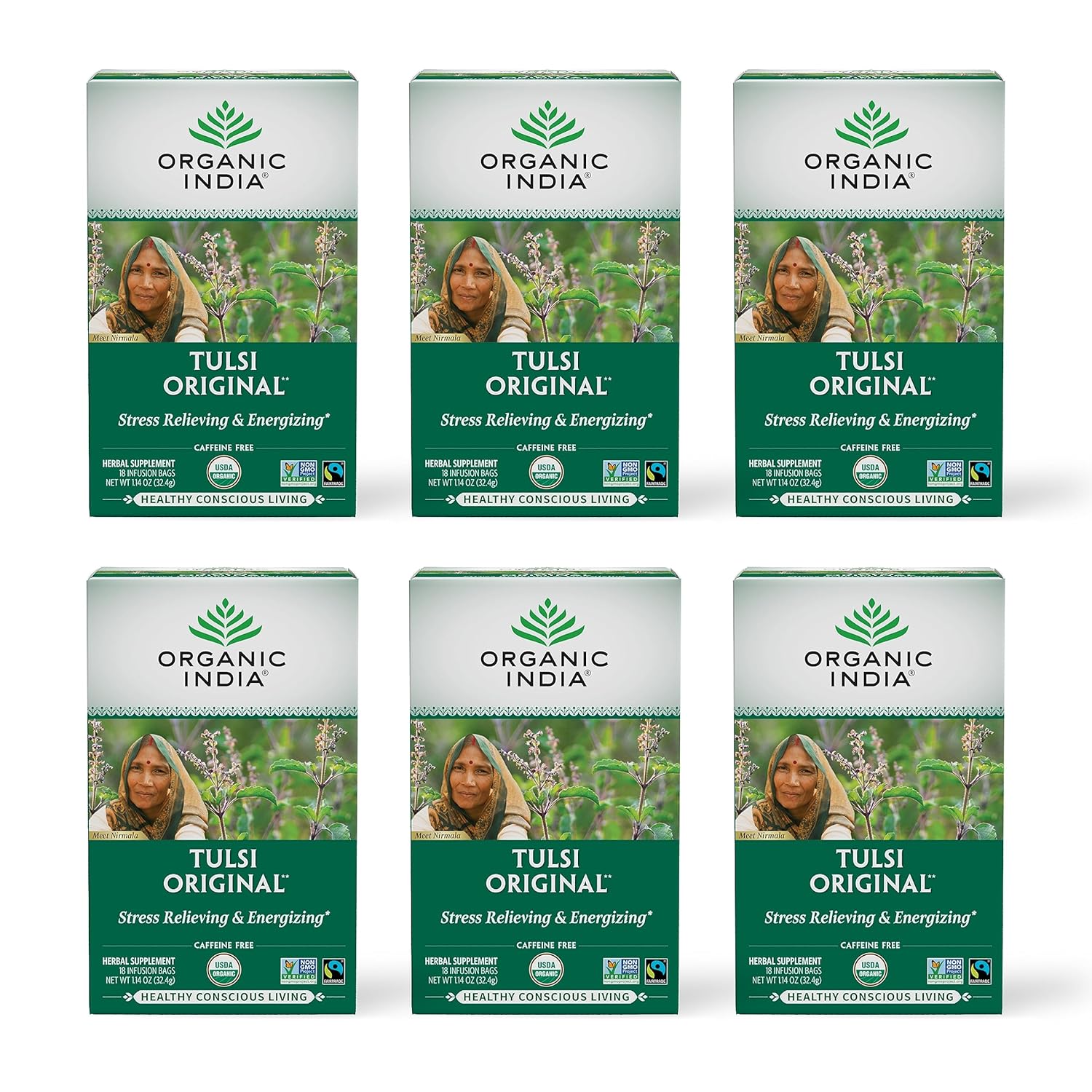ORGANIC INDIA Tulsi Original Herbal Tea - Holy Basil and African Basil Calming and Stress Relief Tea, Immune Support, USDA Certified Organic, Non-GMO, Caffeine-Free - 18 Infusion Bags, 6 Pack