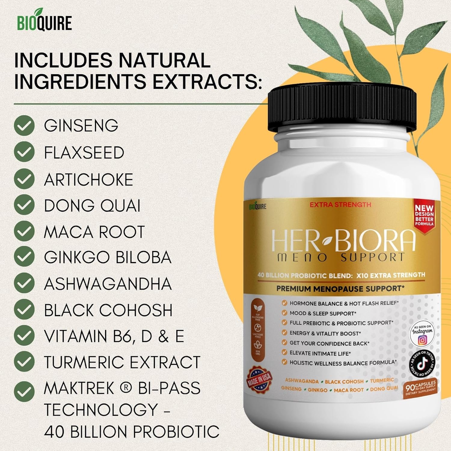 Her Biora Meno Support | Premium Menopause Probiotic Supplement | Hormone Balance, Hot Flash Relief, Mood & Sleep Support | Turmeric, Ashwagandha, Black Cohosh | 90 Capsules (2)