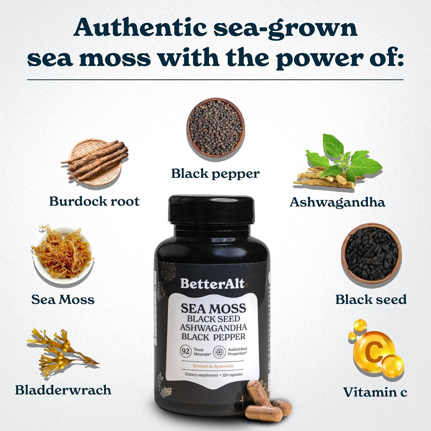 Sea Moss Capsules Pack of 2 with Black Seed Oil, Ashwagandha & Black Pepper for Stamina, Strength & Endurance- High Potency Sea Moss Supplement - 60 Servings, 240 Capsules