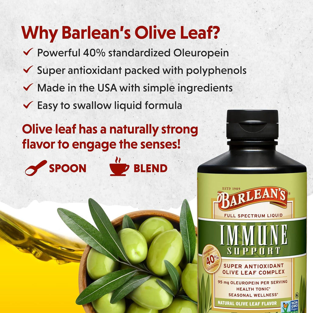 Barlean's Olive Leaf Complex Liquid Immune Support Supplement with 95mg Oleuropein Antioxidants for Seasonal Wellness, Heart Health, & Immune System Booster, 16 Ounce