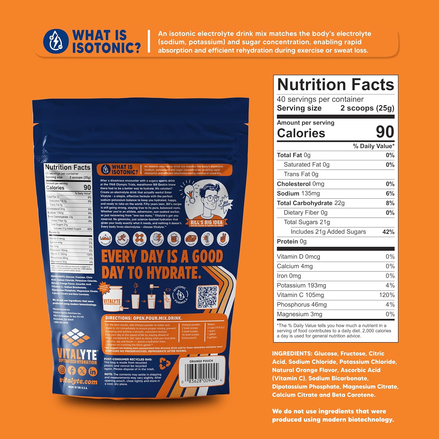 Vitalyte Electrolyte Powder Drink Mix, Isotonic Electrolyte Hydration Mix, Gluten Free Post Workout Powder Mix, Pack of 1, 35 oz., Orange Flavor