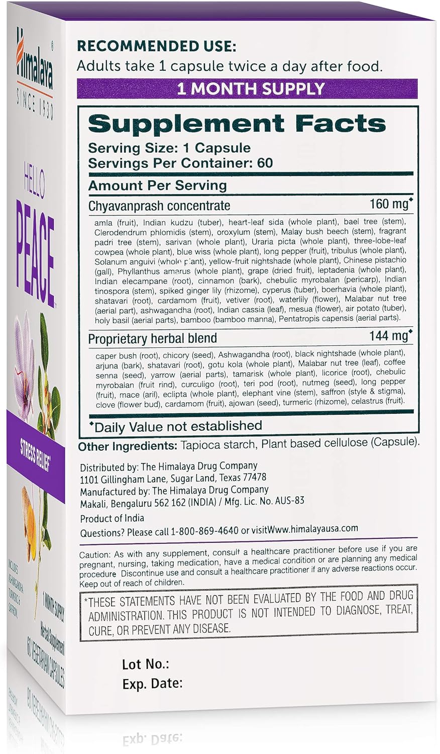 Himalaya Hello Peace - Herbal Stress Relief Supplement with Ashwagandha and Turmeric for Normal Cortisol and Adrenal Support - Vegan, Non-GMO, Gluten Free, 60 Capsules
