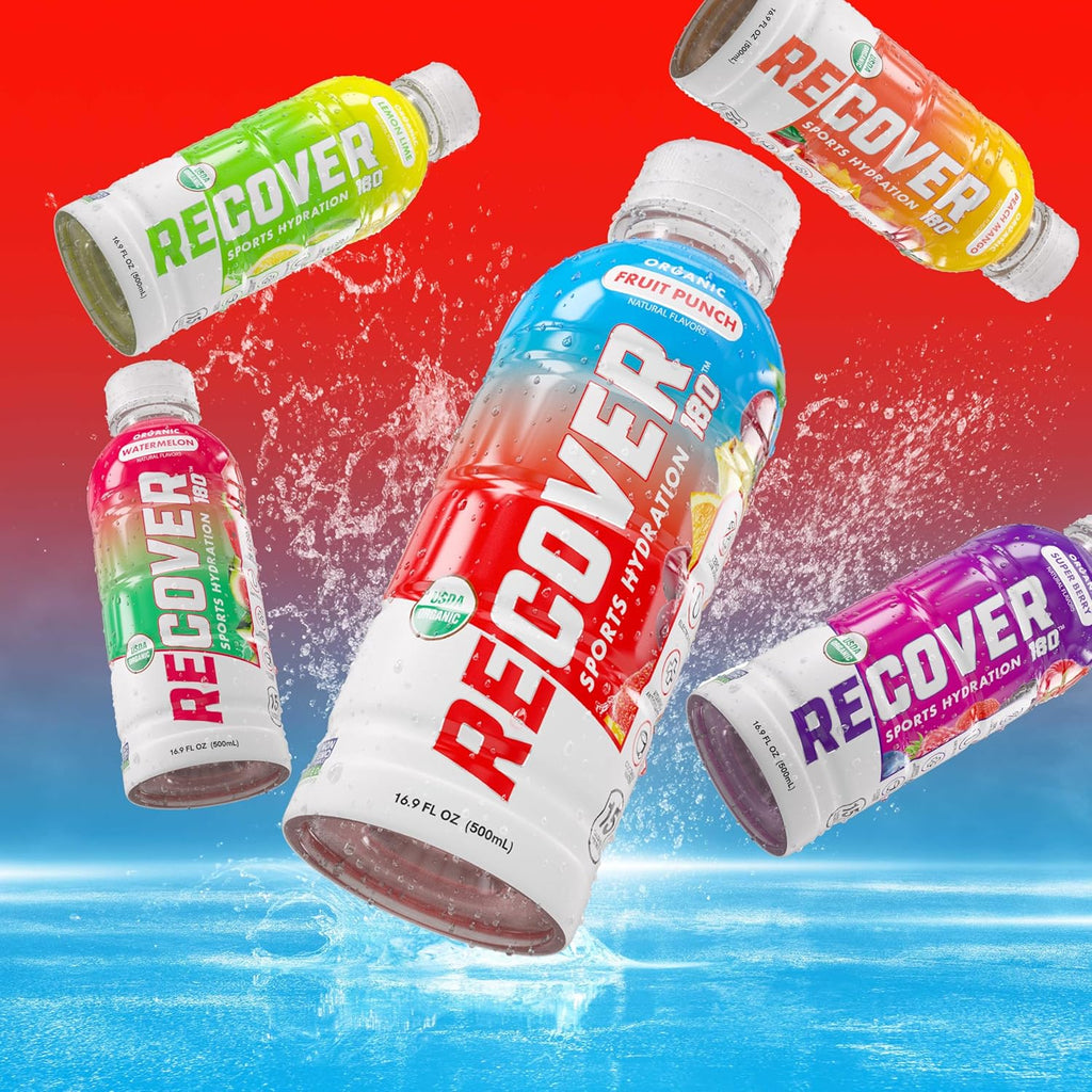 RECOVER 180 Organic Sports Hydration Drink, No Sugar Added, 15 Calorie Sports Beverage, Organic Flavors With Vitamins, Potassium-Packed Electrolytes (16.9 Fl Oz (Pack of 12), Variety Pack)