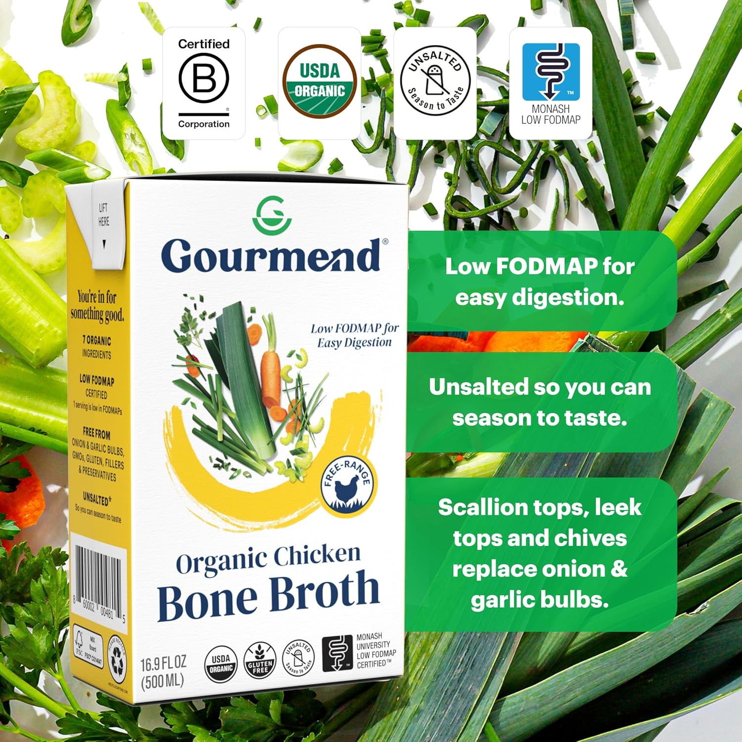 Organic Unsalted 16.9oz Chicken Bone Broth (12 Pack) – 7 Ingredients, Low FODMAP Certified, Filler Free, Gluten Free, Onion & Garlic Bulb Free