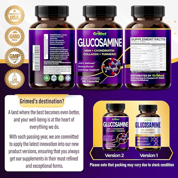 GriMed Glucosamine 12,000mg - X12 Power with MSM, Chondroitin, Collagen, Turmeric for Joint Wellness, Strong Bones, Cartilage Support