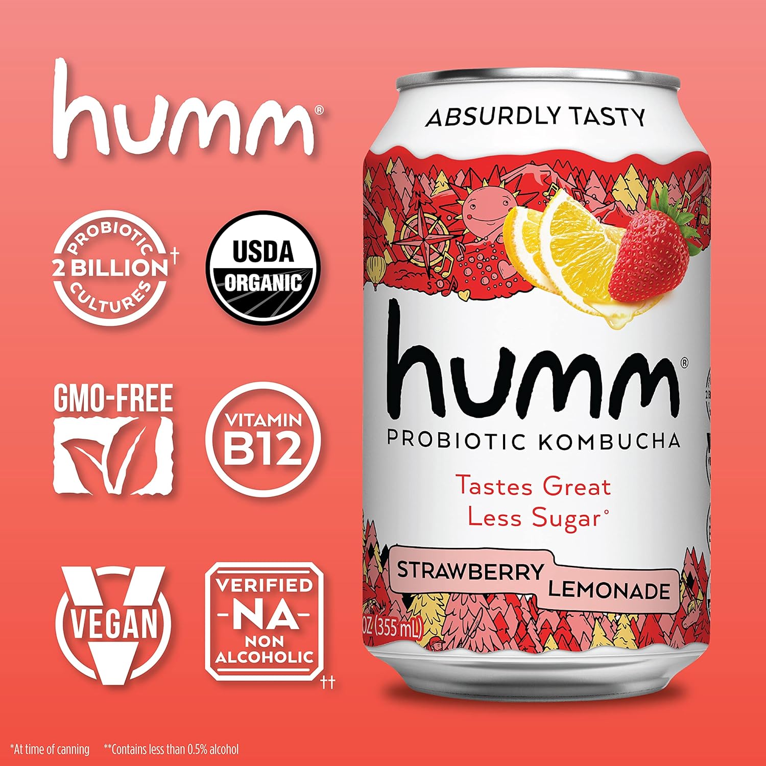 Humm Kombucha Strawberry Lemonade, Organic, Vegan & GMO Free (24 Pack)