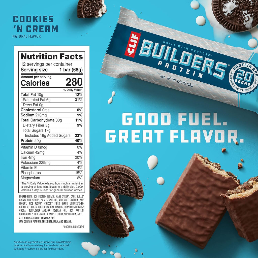 CLIF BUILDERS Protein Bars - Cookies 'n Cream Flavor - 20g Plant Based Protein - Gluten Free - Non-GMO - Low Glycemic - No Artificial Sweeteners - 2.4 oz. (12 Pack)