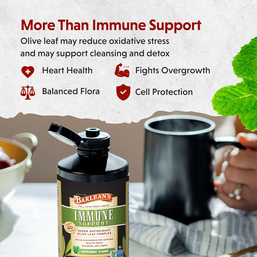 Barlean's Peppermint Olive Leaf Complex Liquid Immune Support Supplement, 95mg Oleuropein Antioxidants, 8 oz