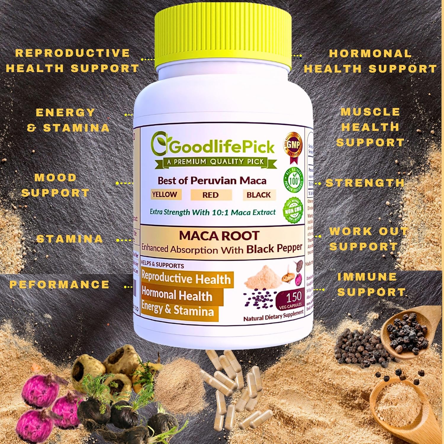 Peruvian Maca Root Capsules with Black Pepper 150 ct. Premium Yellow Maca Red Maca & Black Red Maca Powerful 10:1 All Type Maca Extract All Natural Non-GMO Vegan NO Rice Powder NO Stearate NO Silicon