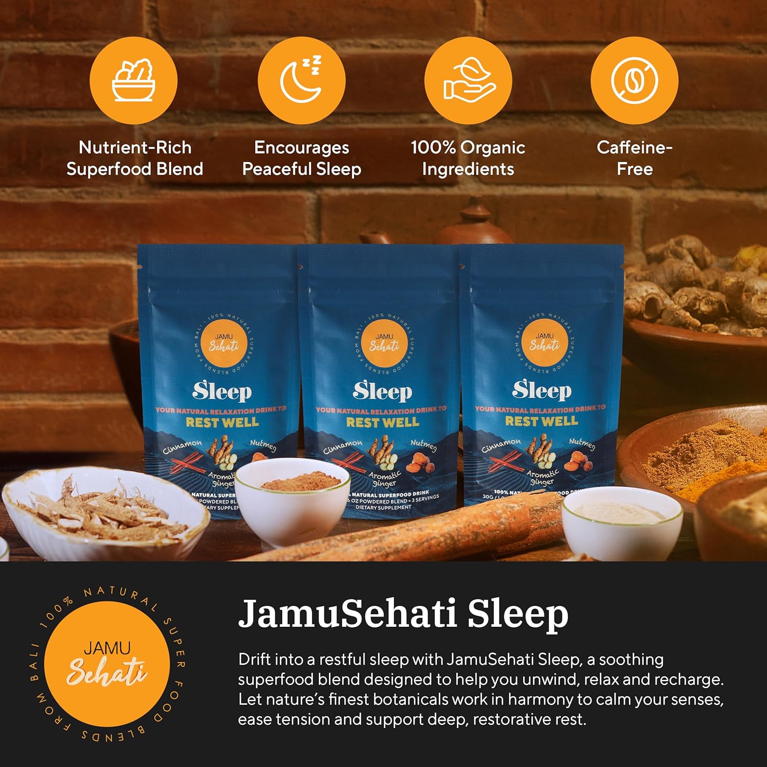 JAMUSEHATI Sleep, Natural Superfoods Blend from Bali, Containing Ginger, Nutmeg, Cinnamon and Star Anise, Pack of 3 Sachets