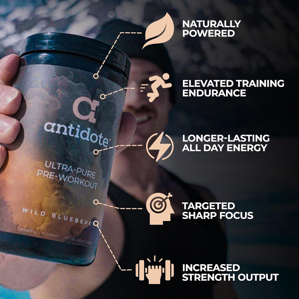 Antidote Clean Pre-Workout Powder - Natural Energy & Focus Booster with Beetroot, Creatine & Beta-Alanine - No Artificial Additives - Vegan, Keto-Friendly Supplement - Wild Blueberry - 20 Servings