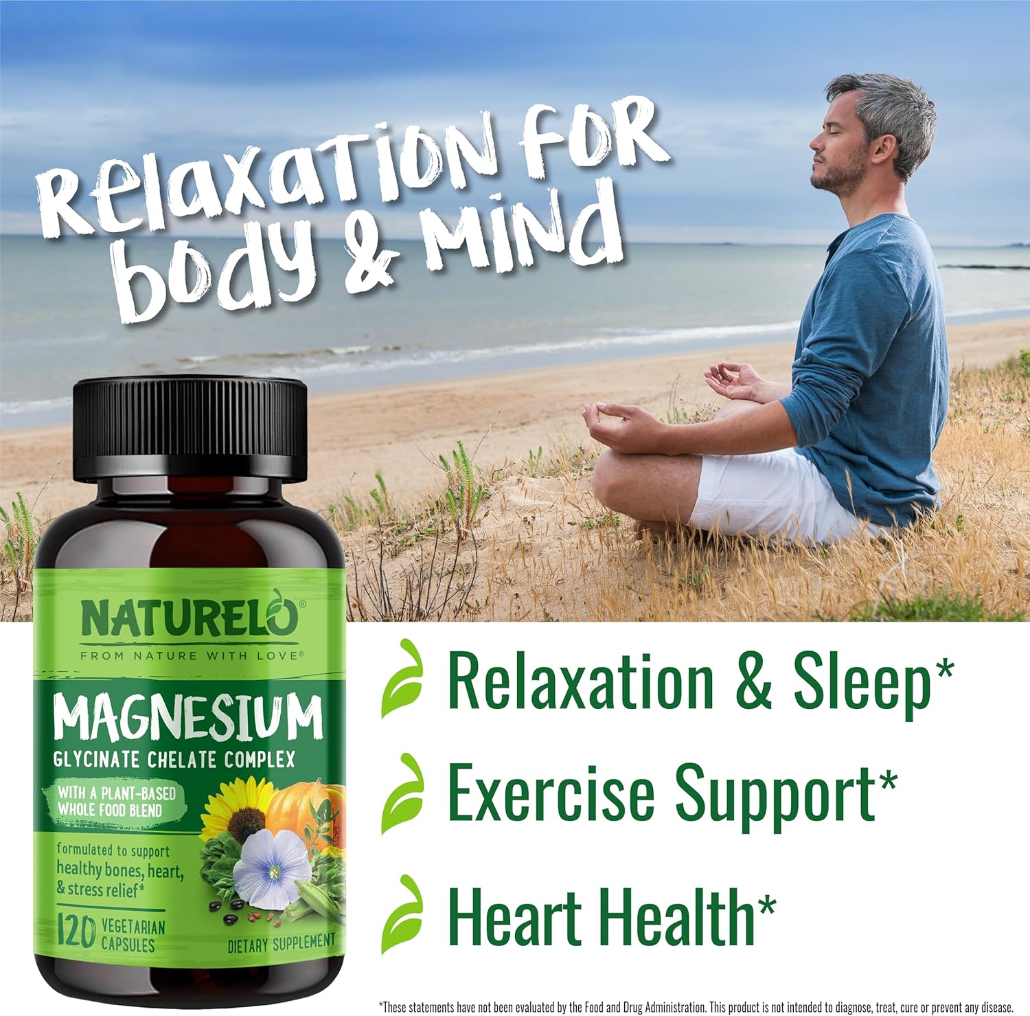 NATURELO Magnesium Glycinate Chelate Complex - 200 mg Magnesium with Organic Vegetables to Support Sleep, Calm, Muscle Cramp & Stress Relief - Gluten Free, Non GMO - 120 Capsules