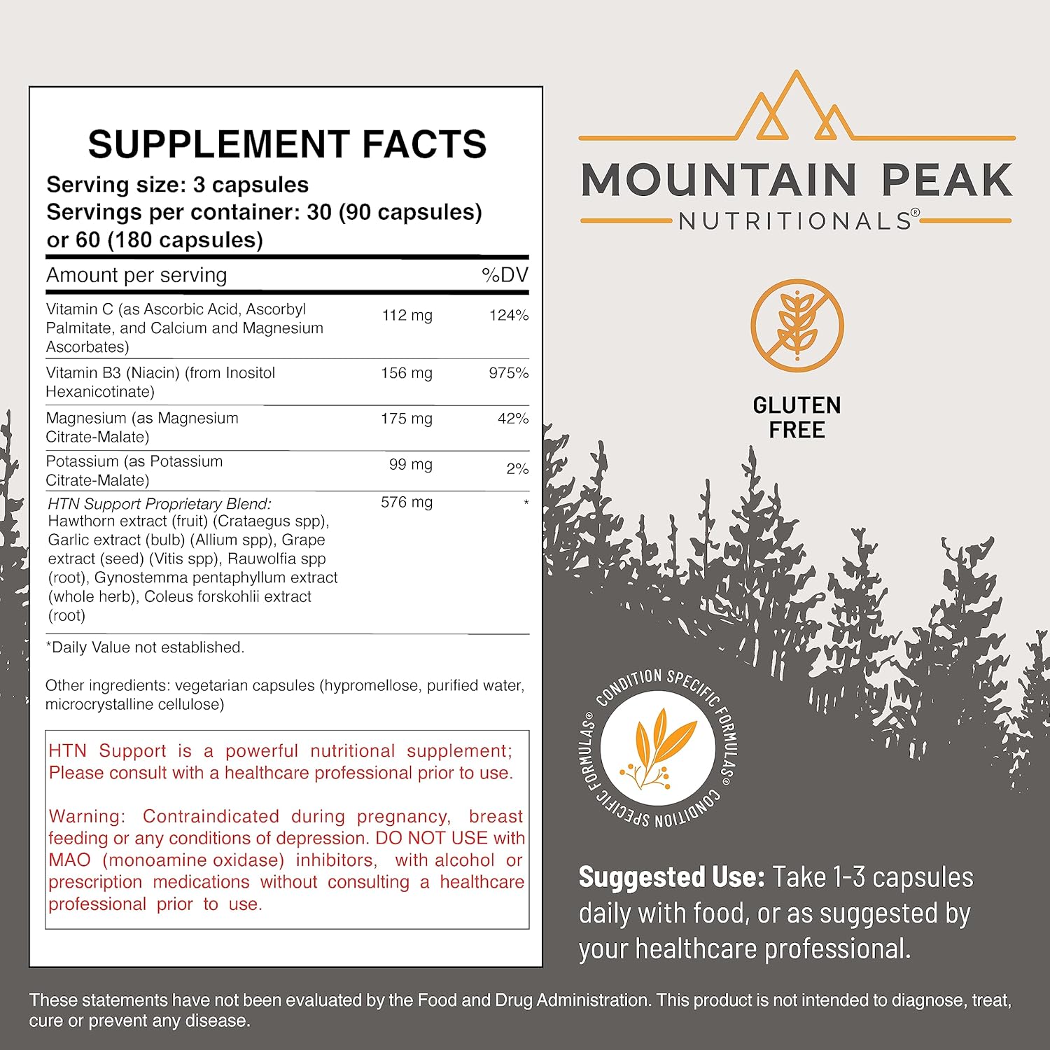 Mountain Peak Nutritionals HTN Support - Organ Supplement - Helps Maintain Healthy Blood Pressure & Cardiovascular System - w/Rauwolfia & Magnesium - Hypoallergenic Dietary Supplement (180 Capsules)