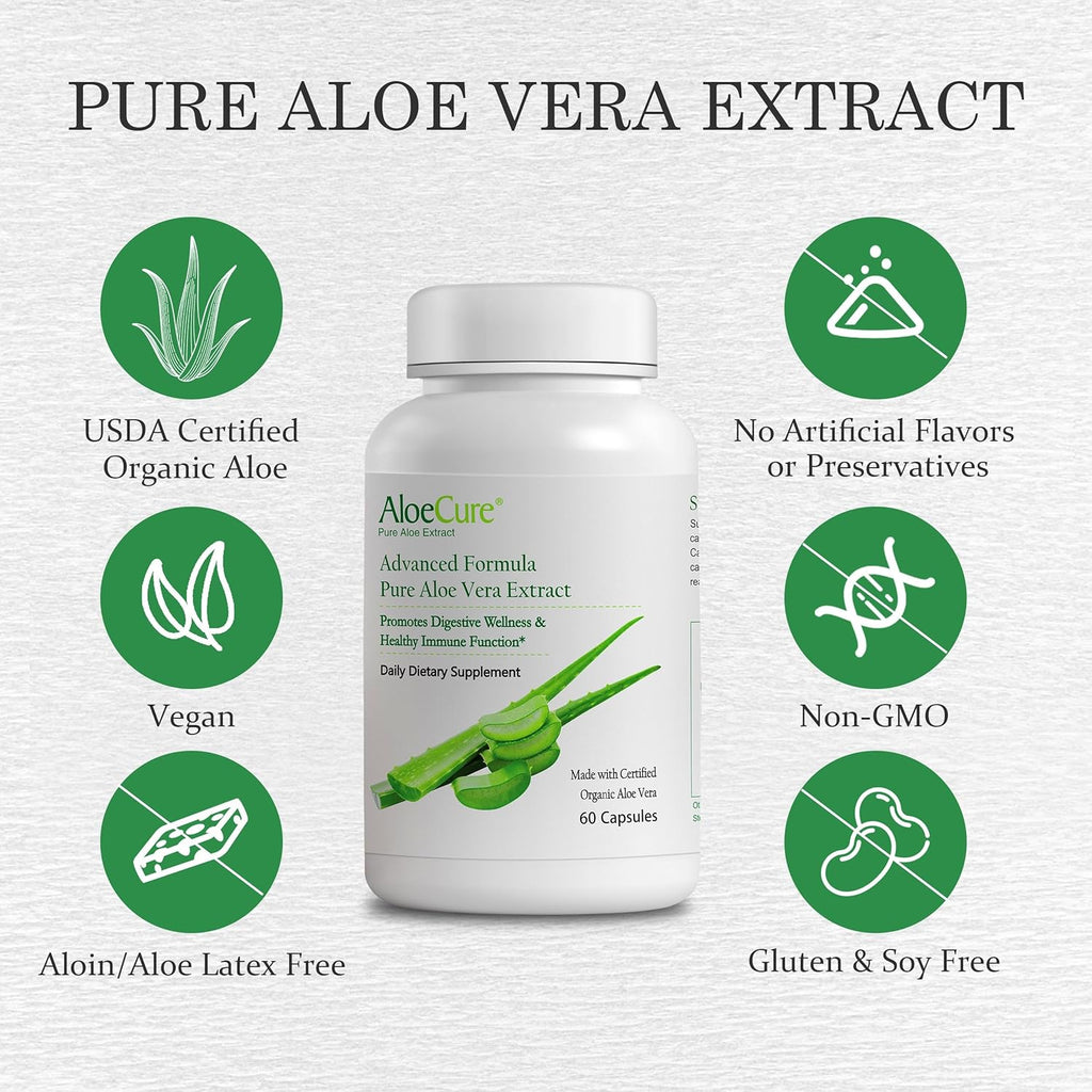 AloeCure Organic Aloe Vera Capsules, 160,000mg Inner Aloe Leaf Equivalent per Serving, Support Gut, Digestive, & Immune Health, Helps Maintain Balanced Stomach Acidity, Aloin Free, 60Caps x 2Btl
