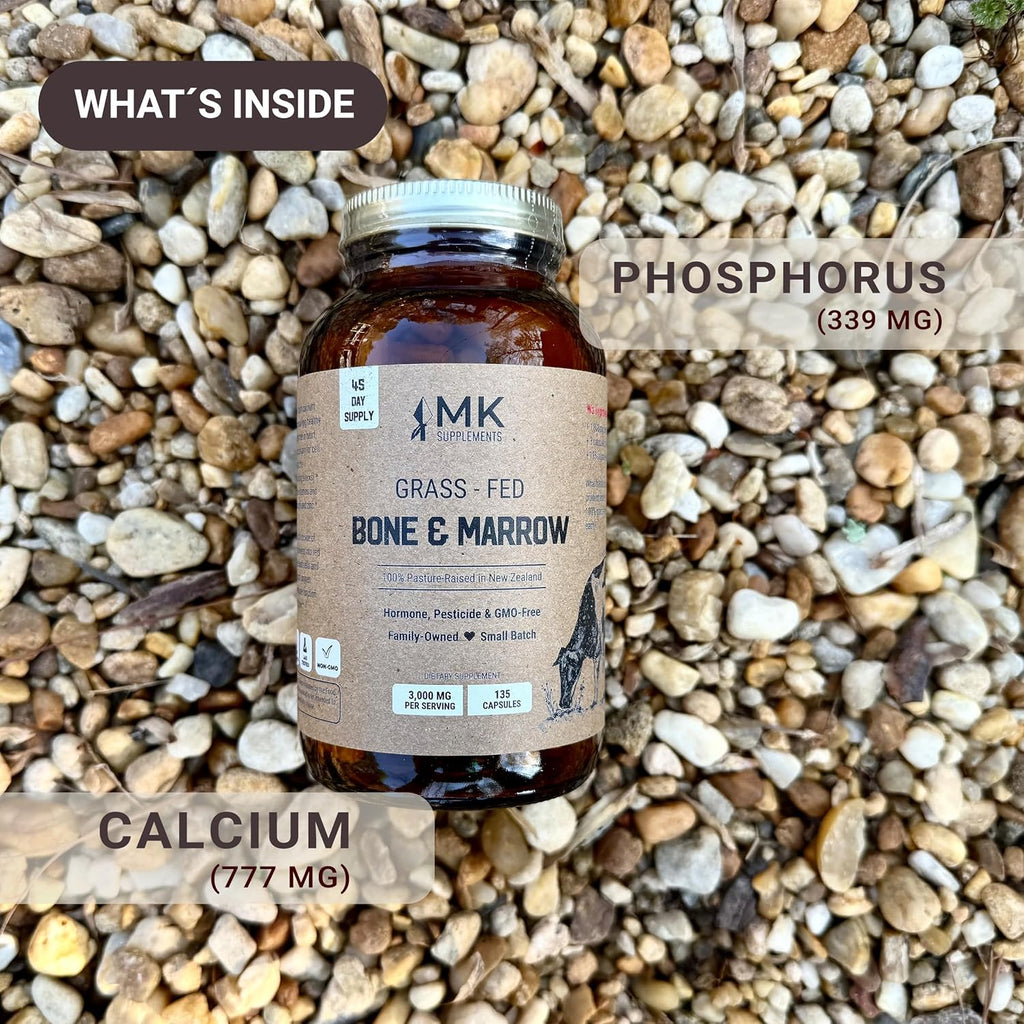MK Supplements – Grass-Fed Beef Bone & Marrow 3000 mg, Beef Bone Marrow Supplement, 100% Pasture-Raised New Zealand Cattle, 45-Day Supply, Calcium for Teeth and Bones