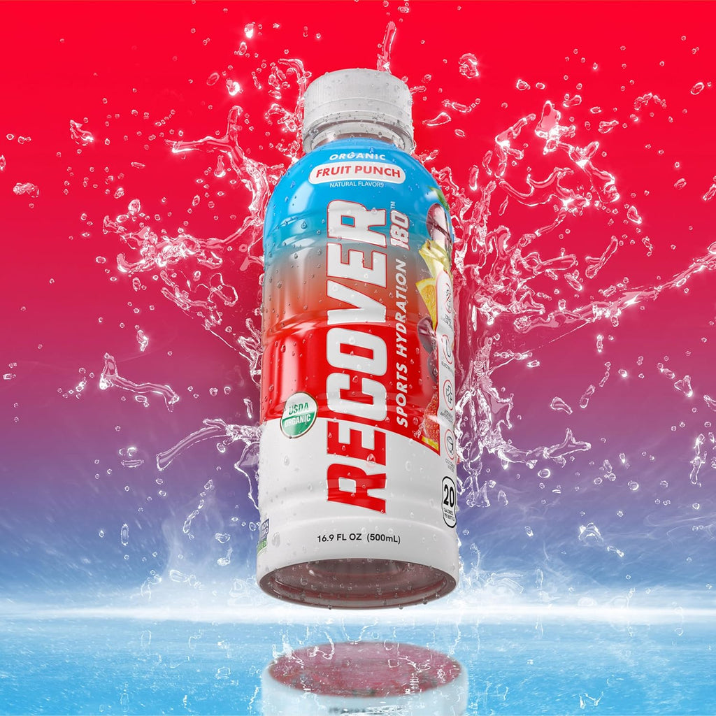 RECOVER 180 Organic Sports Hydration Drink, No Sugar Added, 20 Calorie Sports Beverage, Organic Flavors With Vitamins, Potassium-Packed Electrolytes (16.9 Fl Oz (Pack of 12), Fruit Punch)
