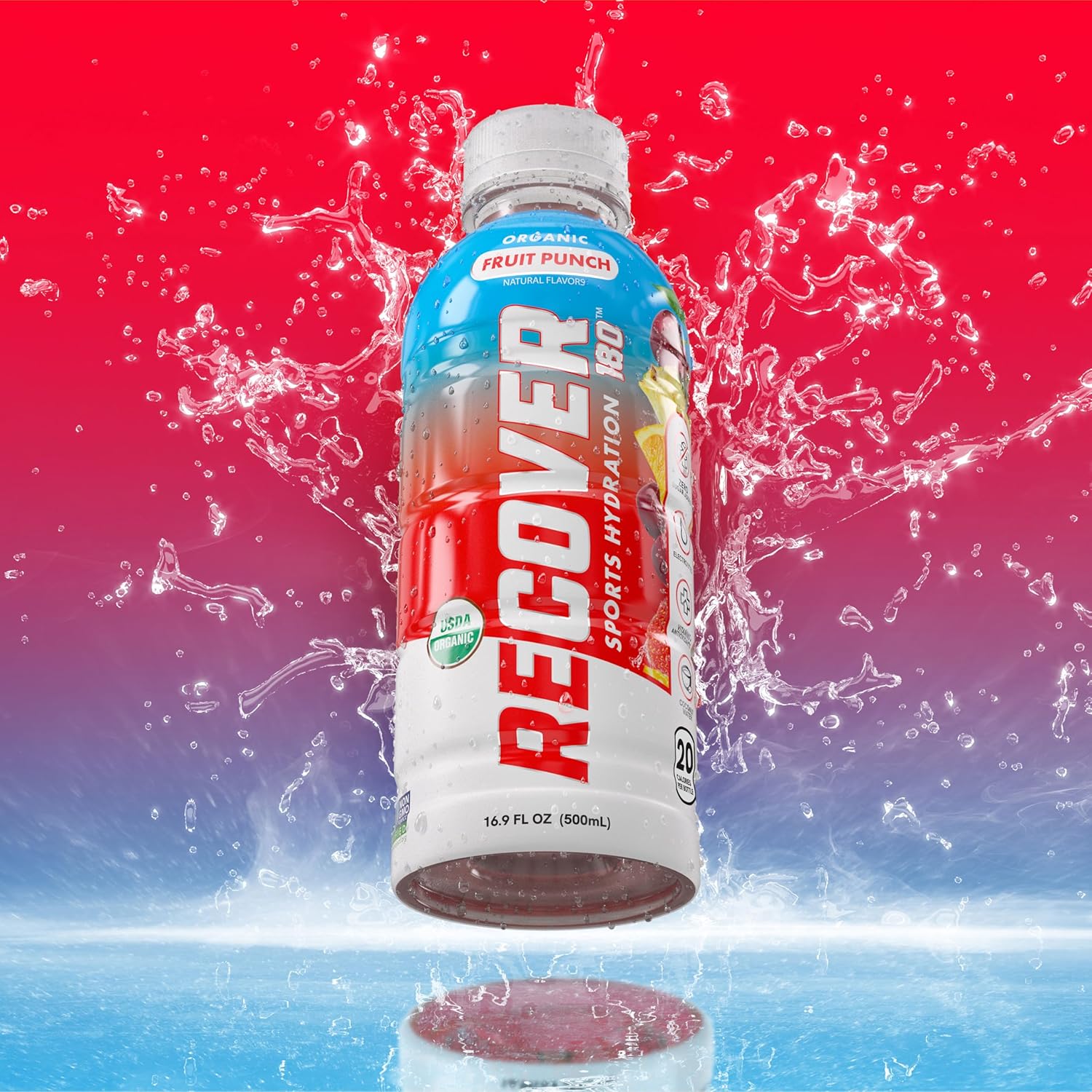 RECOVER 180 Organic Sports Hydration Drink, No Sugar Added, 20 Calorie Sports Beverage, Organic Flavors With Vitamins, Potassium-Packed Electrolytes (16.9 Fl Oz (Pack of 12), Fruit Punch)