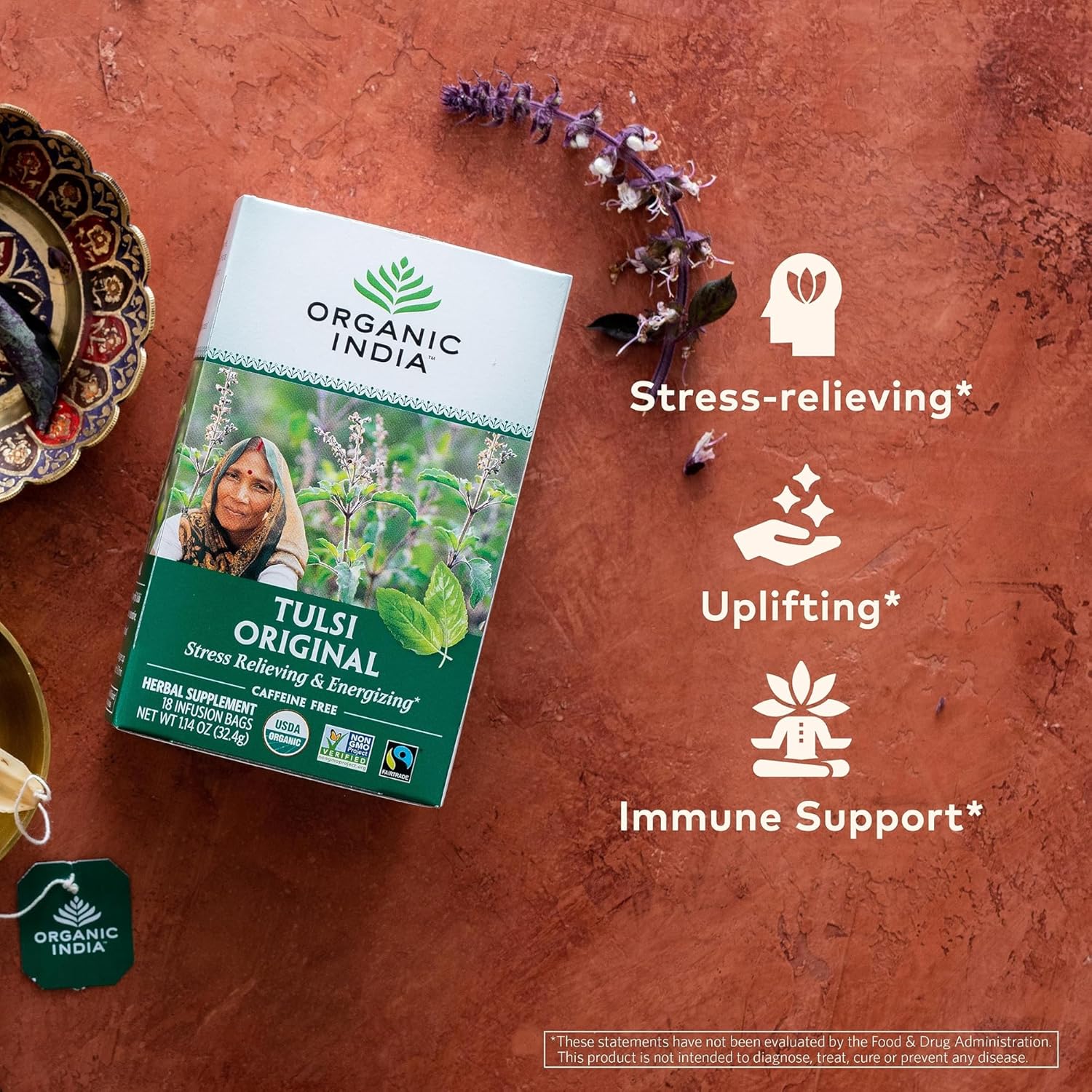 ORGANIC INDIA Tulsi Original Herbal Tea - Holy Basil and African Basil Calming and Stress Relief Tea, Immune Support, USDA Certified Organic, Non-GMO, Caffeine-Free - 18 Infusion Bags, 3 Pack