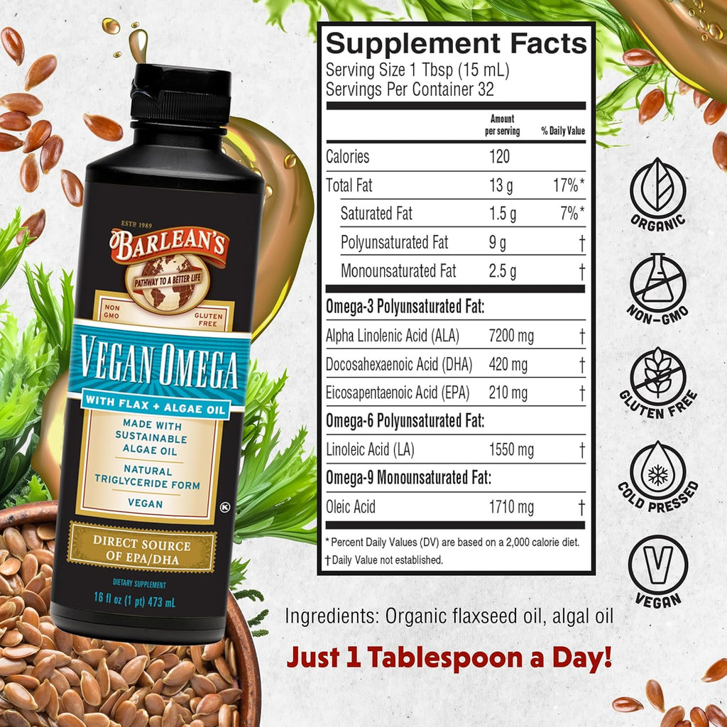 Barlean's Vegan Omega Liquid Flax and Algae Oil Plant Based EPA DHA Supplement from Algal Oil and Organic Flaxseed, Omegas 3 6 and 9 Fatty Acid Supplements, 16 Ounces
