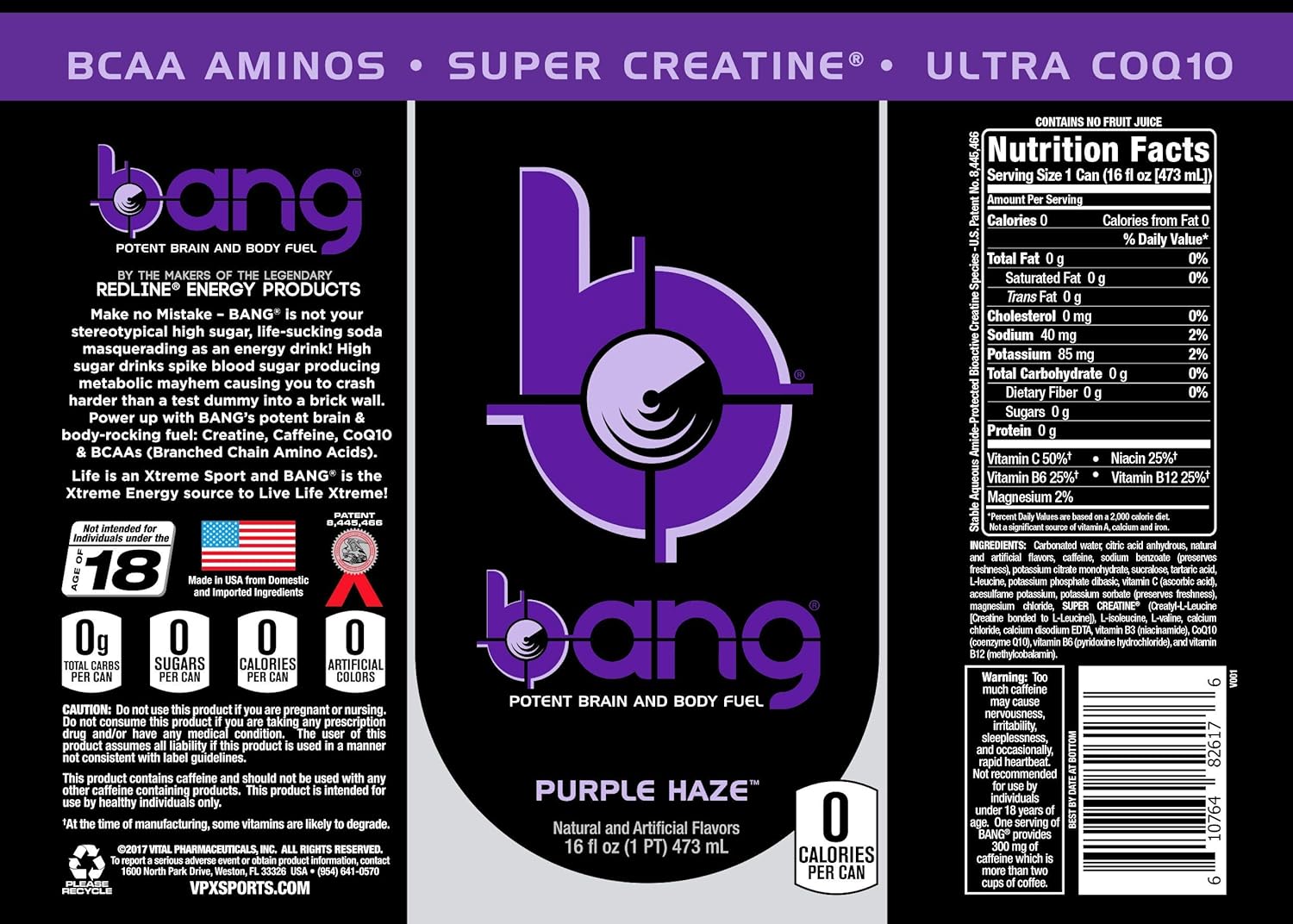 Bang Energy Purple Haze, Sugar-Free Energy Drink, 16 Ounce (Pack of 12)