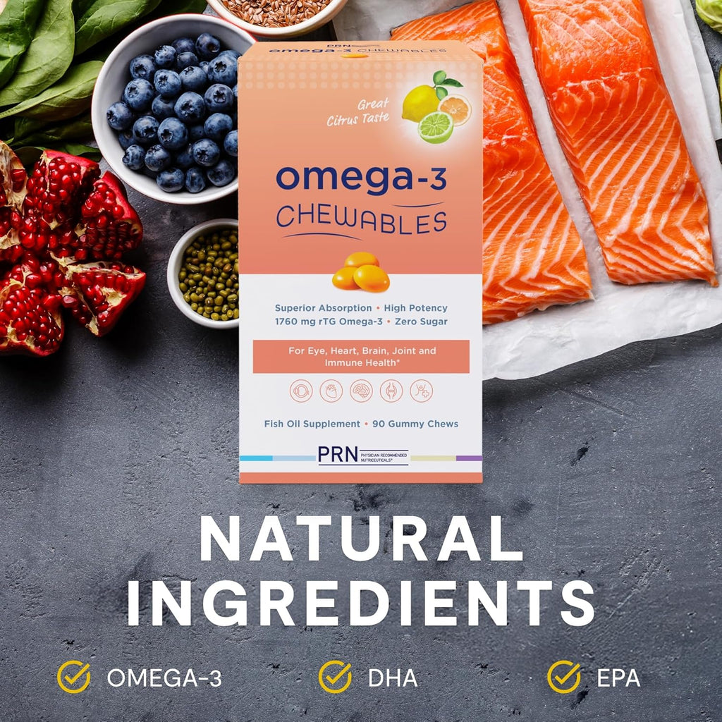Omega 3 Gummy Chewables - 90 Gel Chews, 30-Day Supply, Citrus Flavor - 1760mg Ultra-Pure rTG Omega 3 for Eye, Heart, Brain, Joint & Immune Health