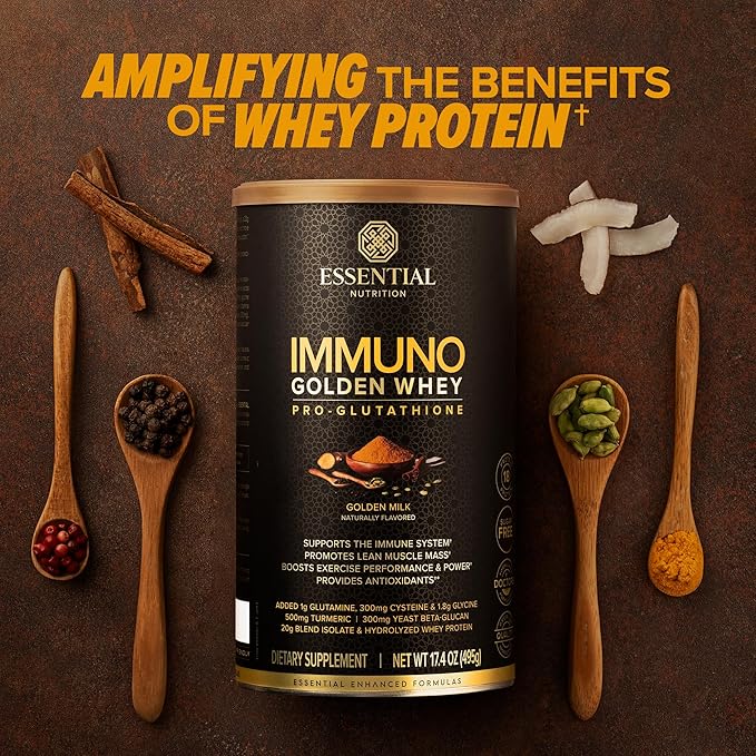 Essential Nutrition Immuno Whey - Hydrolyzed Whey Protein Powder, Whey Protein Isolate, 18g Protein Per Serving, Amino Acids, Glutathione Production - Turmeric Extract - Golden Milk - 17.4oz