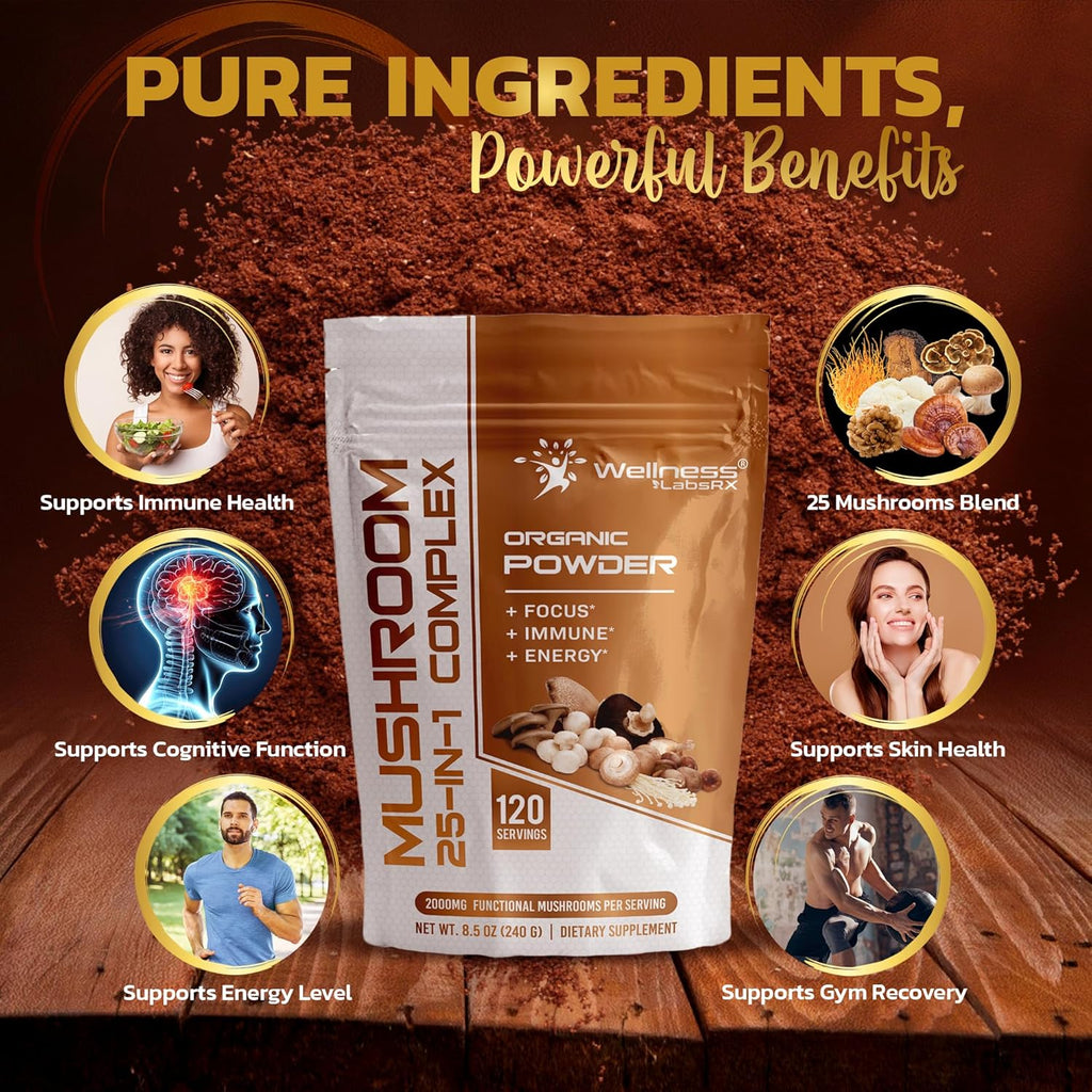 Mushroom Powder, 25 in 1 Mushrooms Supplement - 2000mg, 25 Superfood Mishroom Lions Mane Powder with Chaga, Shiitake, Cordyceps, Reishi - Lion's Mane Mushroom - Pack of 2