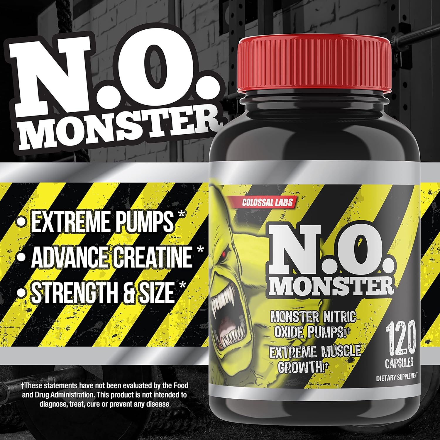 N.O. Monster Nitric Oxide Booster with L-Arginine – Extreme Pumps for Strength, Muscle Growth, Pre-Workout Support – Boost Energy, Stamina & Endurance – 120 Capsules, Made in The USA