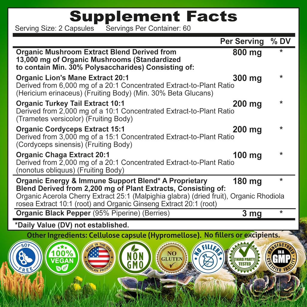 Organic Mushroom Complex: Lion's Mane, Turkey Tail, Cordyceps, Chaga, Contains Naturally Occurring Beta Glucans - Organic Energy & Immune Support Blend: Rhodiola Rosea, Ginseng & Acerola Cherry 120Ct