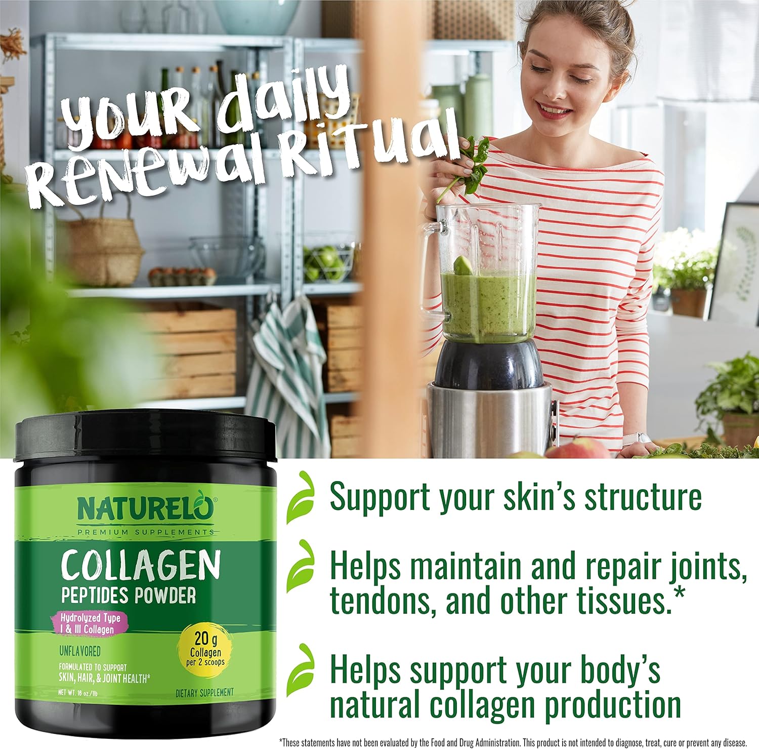 NATURELO Collagen Peptide Powder, Hydrolyzed Collagen Type I & III, Skin Hair & Joint Health - Unflavored, 16 Ounces (Pack of 2) | 90 Servings