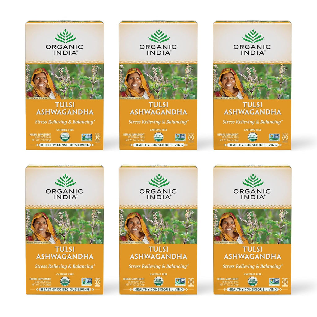 ORGANIC INDIA Calming Tulsi Ashwagandha Tea - Organic Tea Bags, Holy Basil, Vegan, USDA Certified Organic, Non-GMO, Caffeine Free - 18 Infusion Bags, 6 Pack