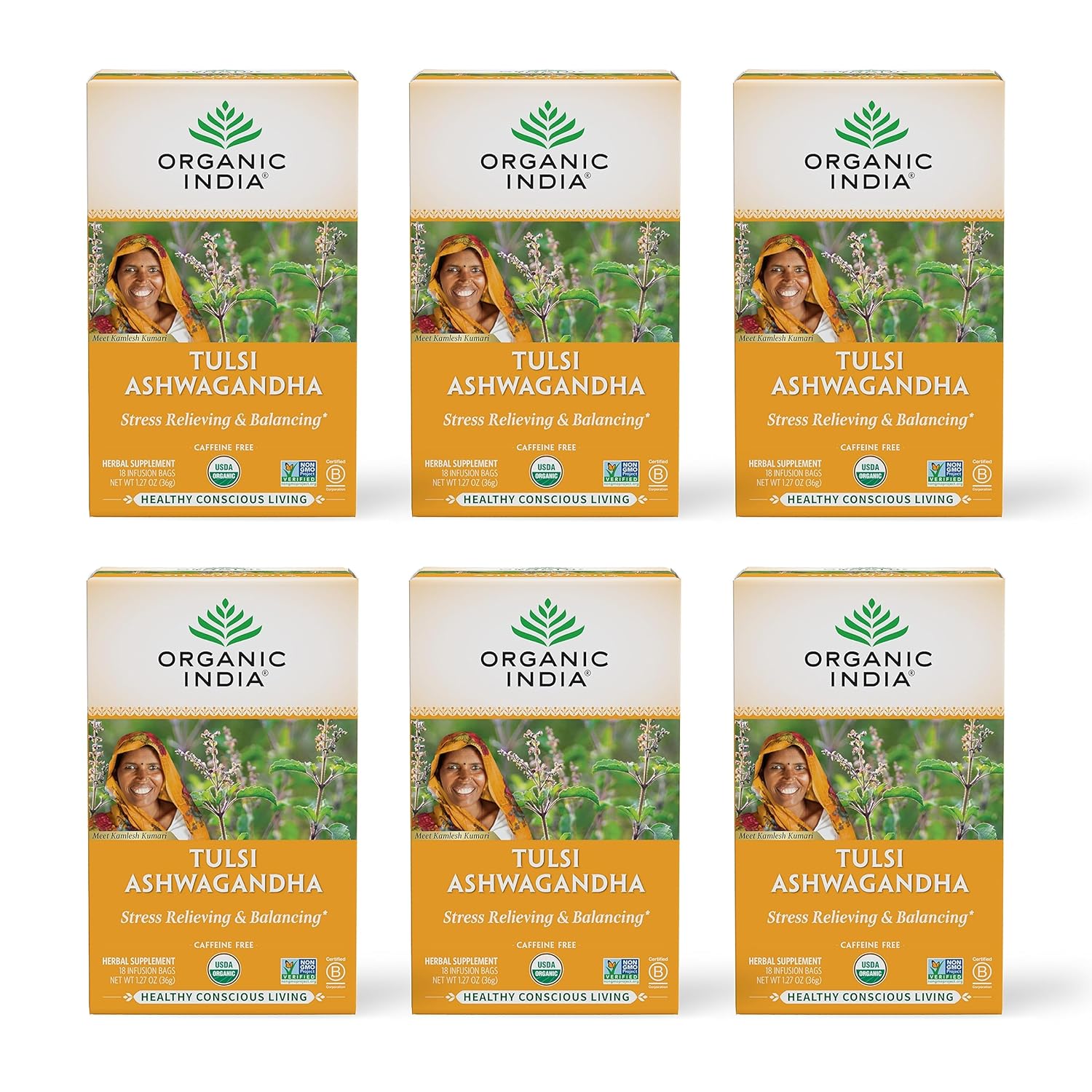 ORGANIC INDIA Calming Tulsi Ashwagandha Tea - Organic Tea Bags, Holy Basil, Vegan, USDA Certified Organic, Non-GMO, Caffeine Free - 18 Infusion Bags, 6 Pack
