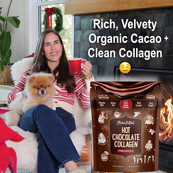 Mama Natural Hot Chocolate Multi Collagen Protein Powder, Made with Organic Cacao, Types 1, 2, 3, 4, 5, 10 Collagen Peptides Powder - Grass Fed Beef, Wild Fish Marine & USA Eggshell - 20 Servings