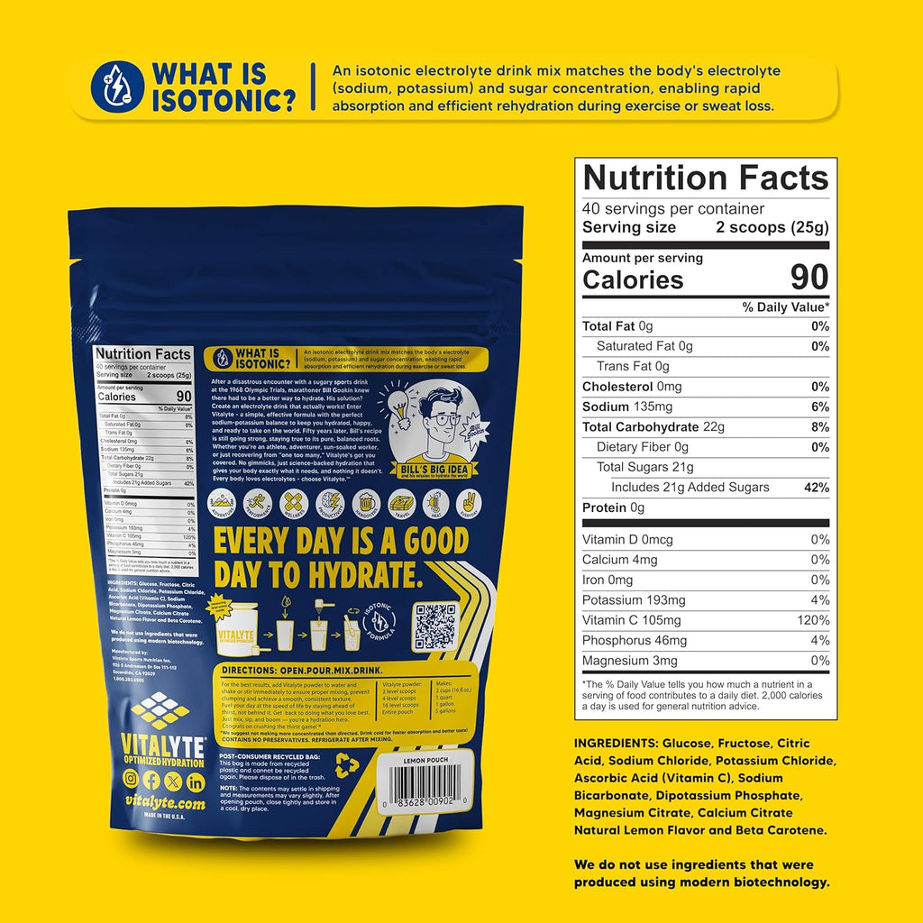 Vitalyte Electrolyte Powder Drink Mix, Isotonic Electrolyte Hydration Mix, Gluten Free Post Workout Powder Mix, Pack of 1, 35 oz., Lemon Flavor