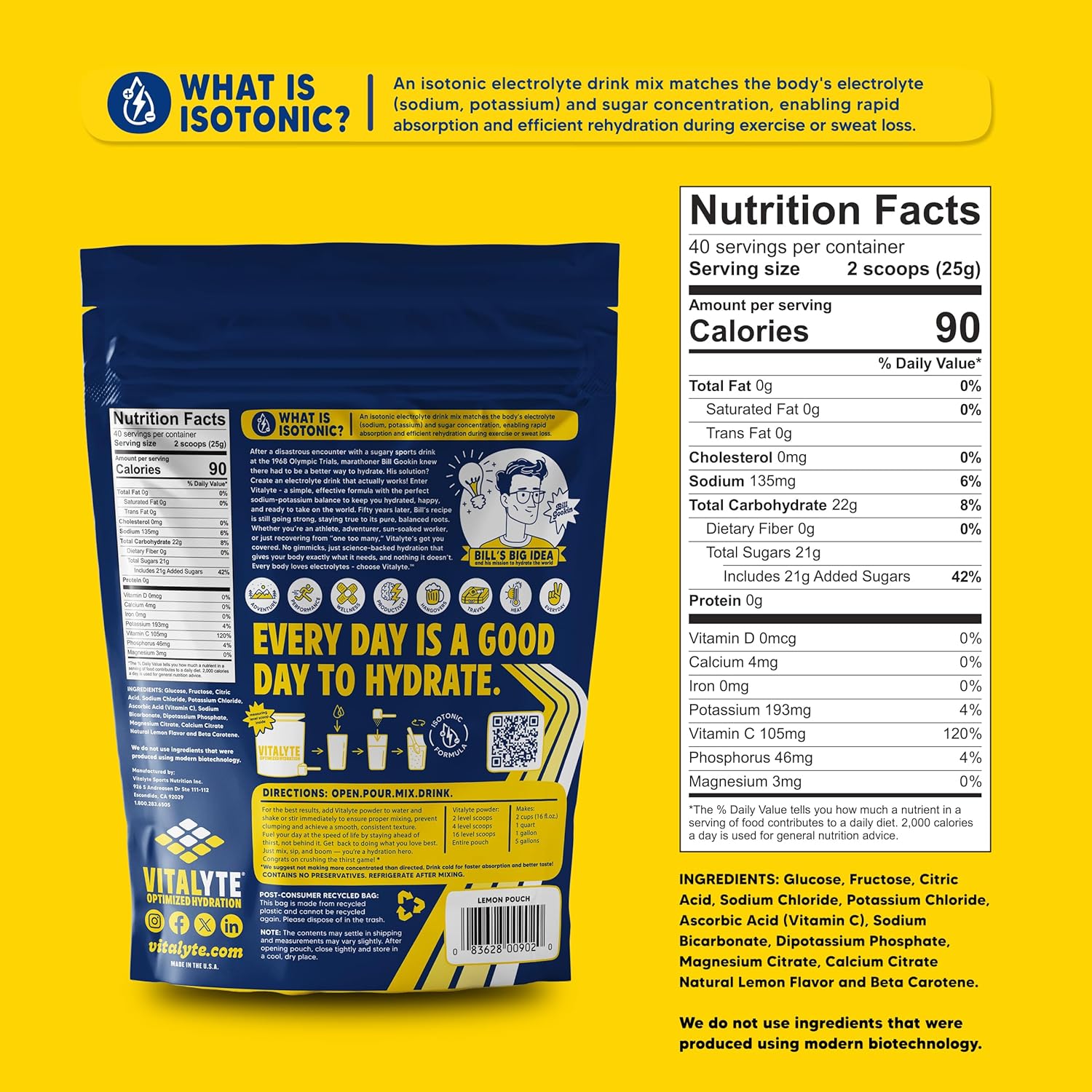 Vitalyte Electrolyte Powder Drink Mix, Isotonic Electrolyte Hydration Mix, Case Pack (6 Pack, Lemon)